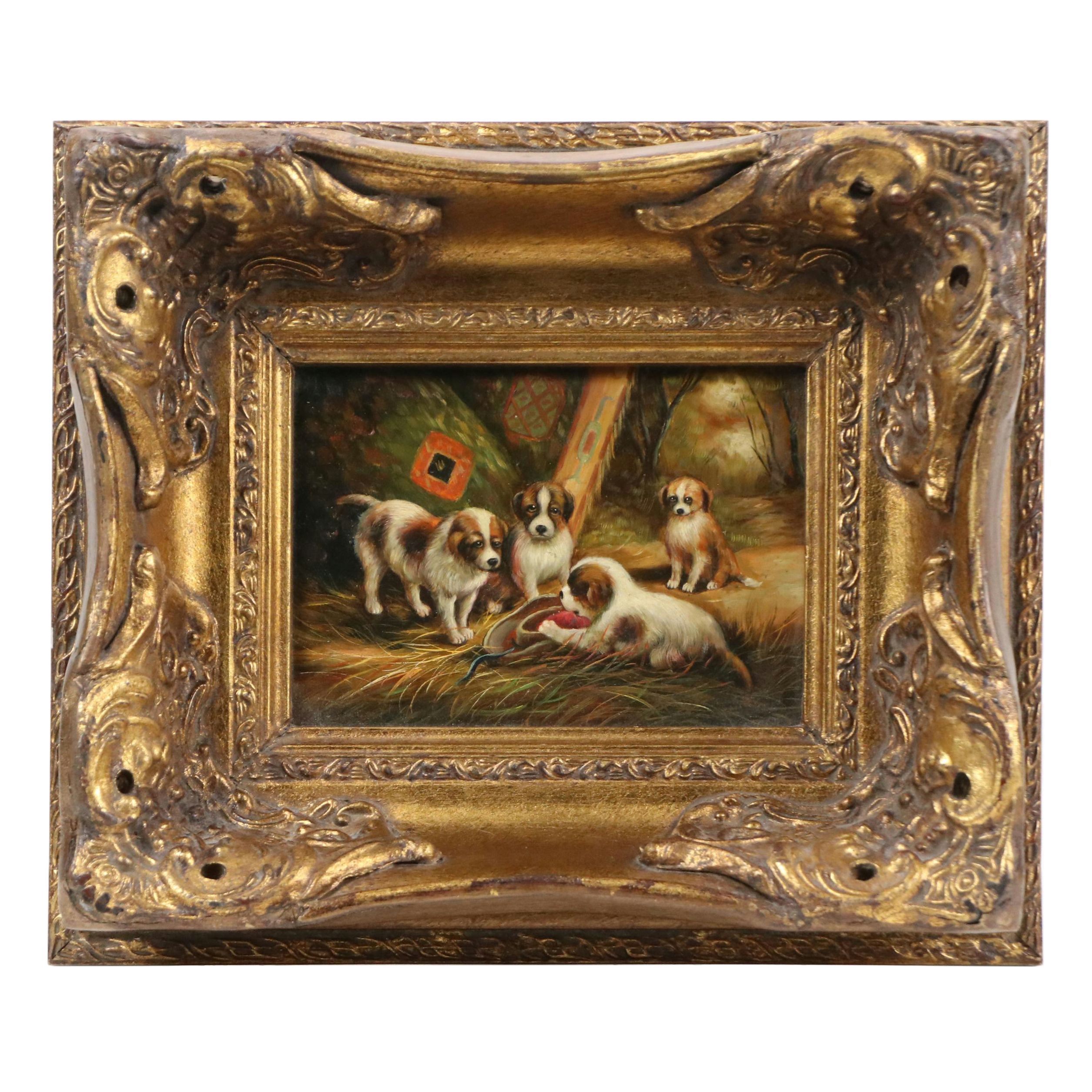 Genre Oil Painting of Puppies in Barn Scene