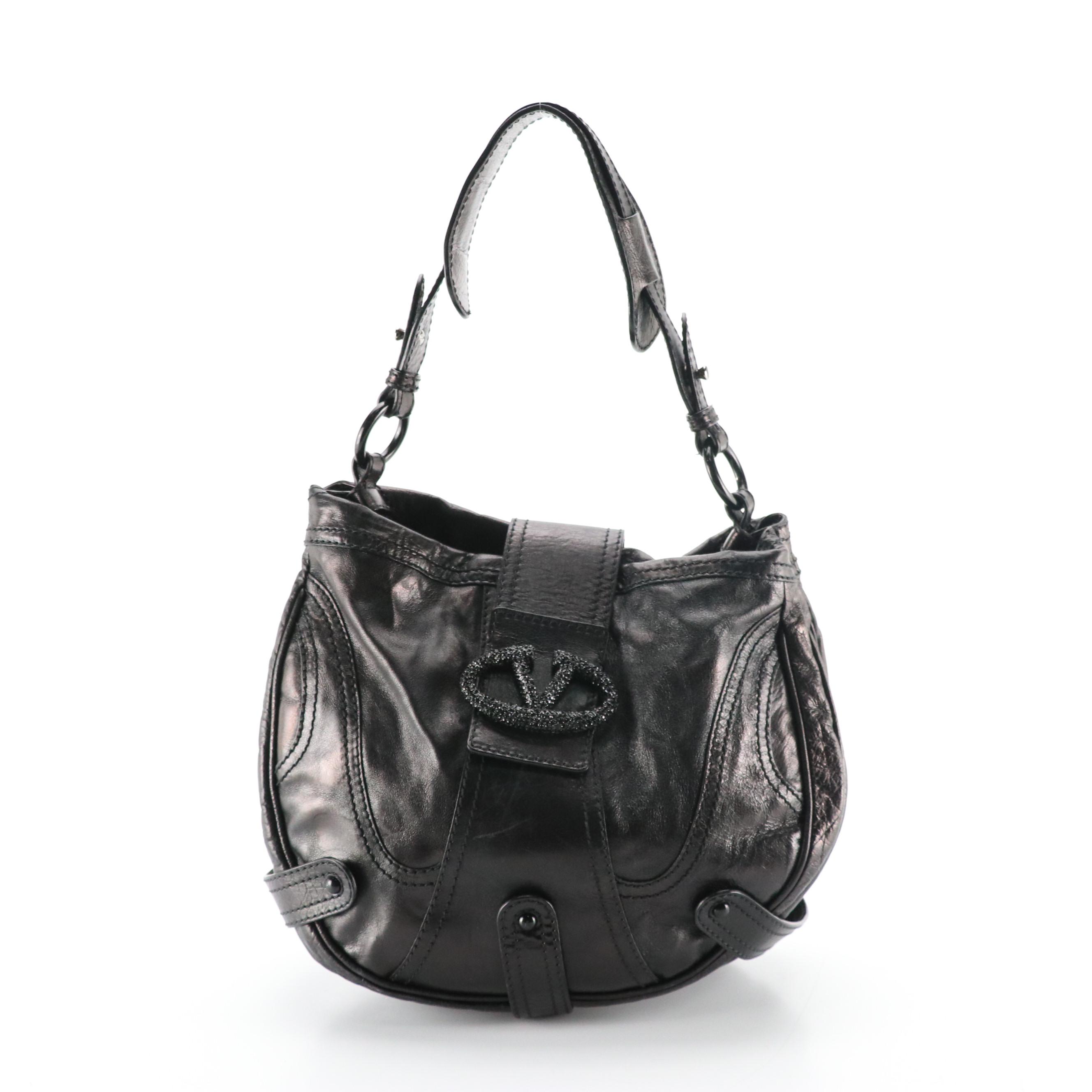 Valentino Garavani Crystal Catch Flap Hobo Bag in Shiny Black Calf Leather