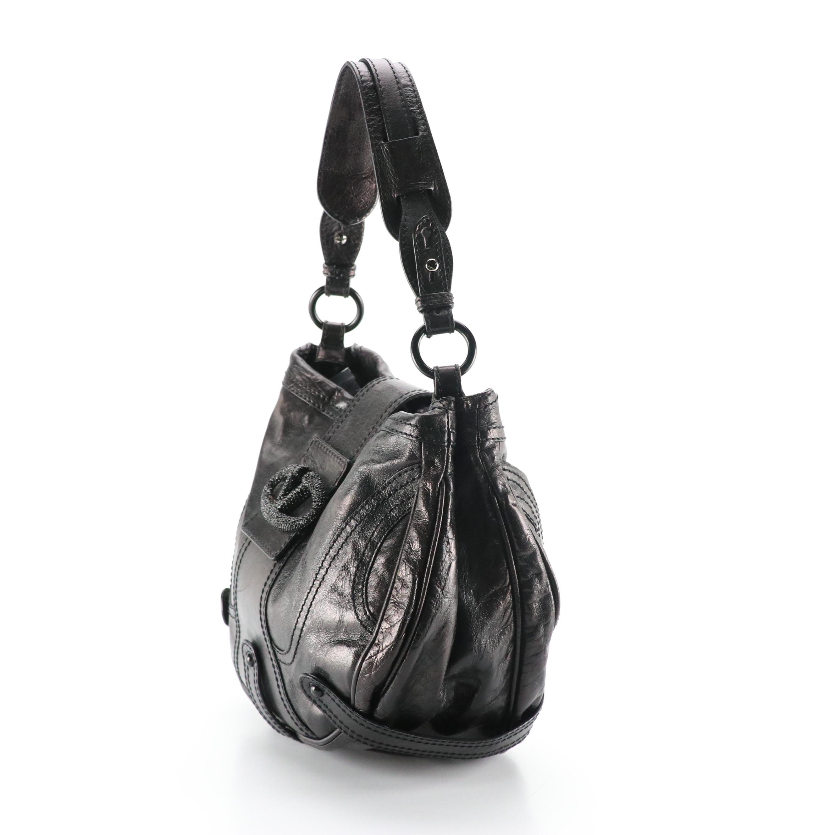 Valentino Garavani Crystal Catch Flap Hobo Bag in Shiny Black Calf Leather