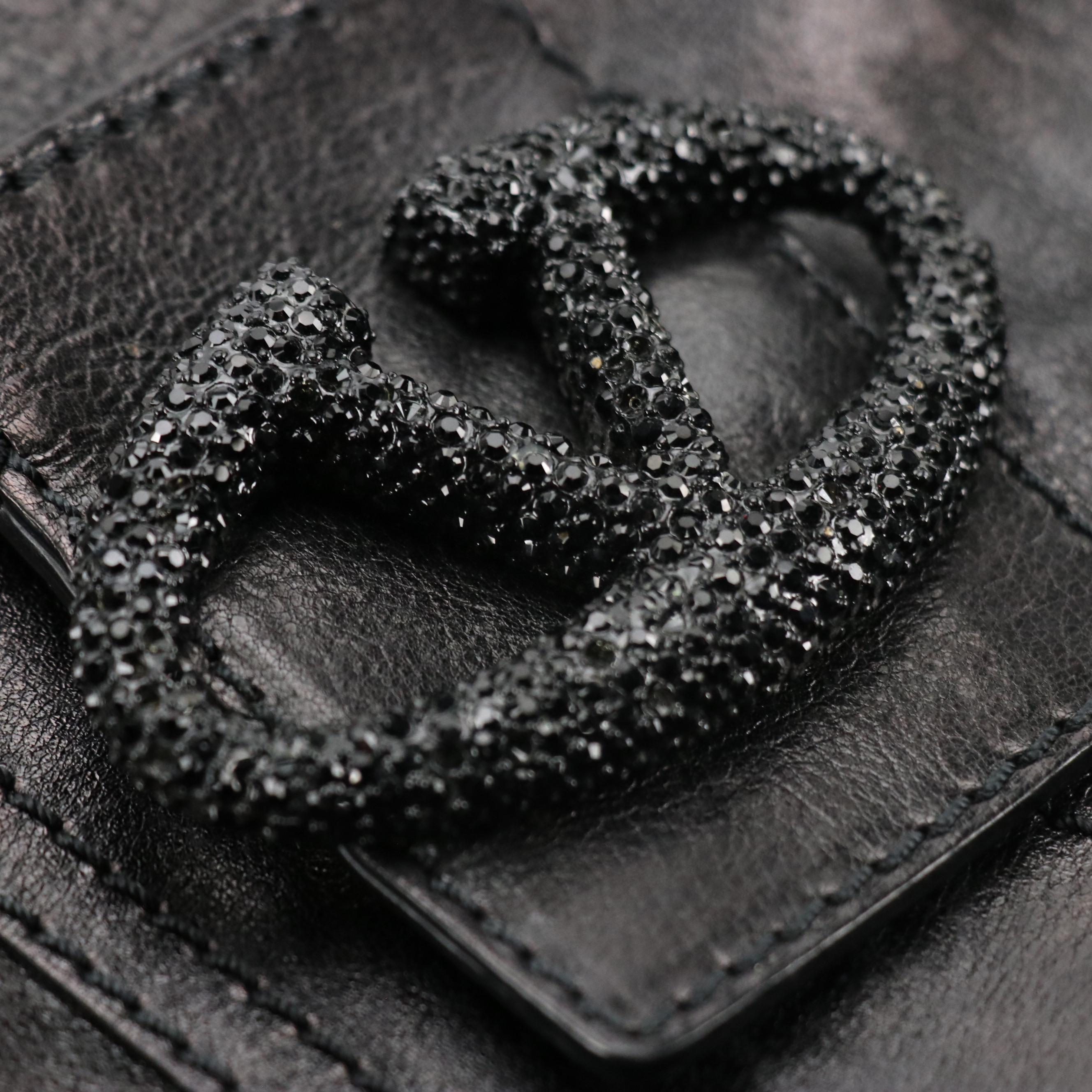 Valentino Garavani Crystal Catch Flap Hobo Bag in Shiny Black Calf Leather