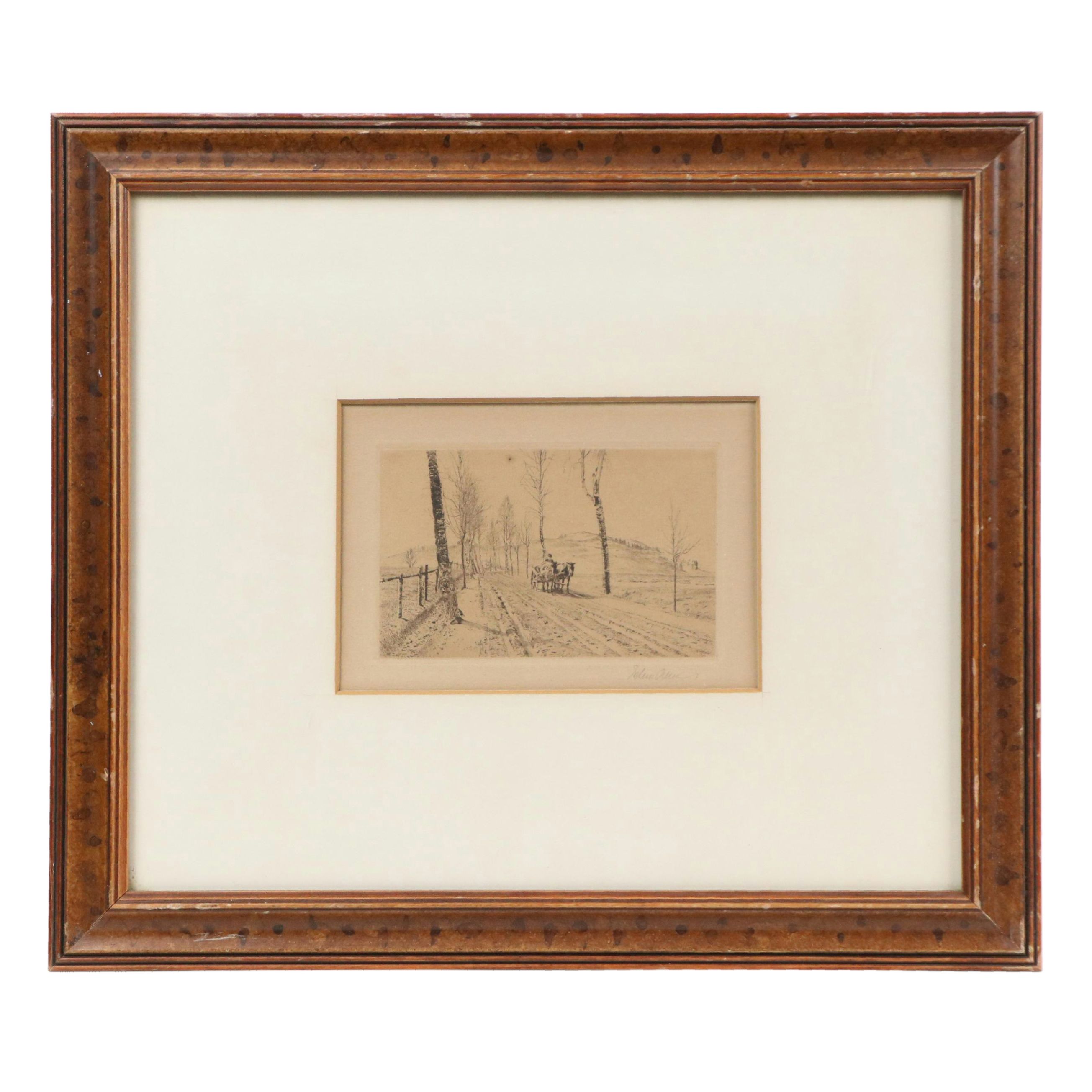 Etching of Horse Drawn Carriage in Landscape, Early 20th Century