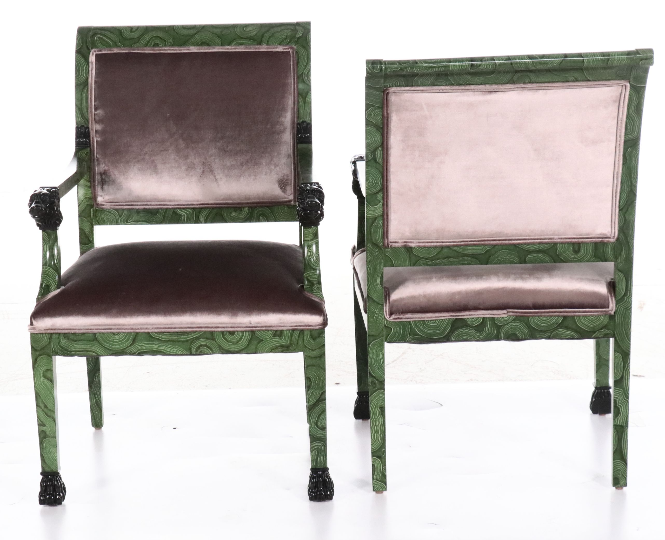 Pair of Lewis Mittman Empire Style Malachite Trompe-l'oeil Lacquered Armchairs