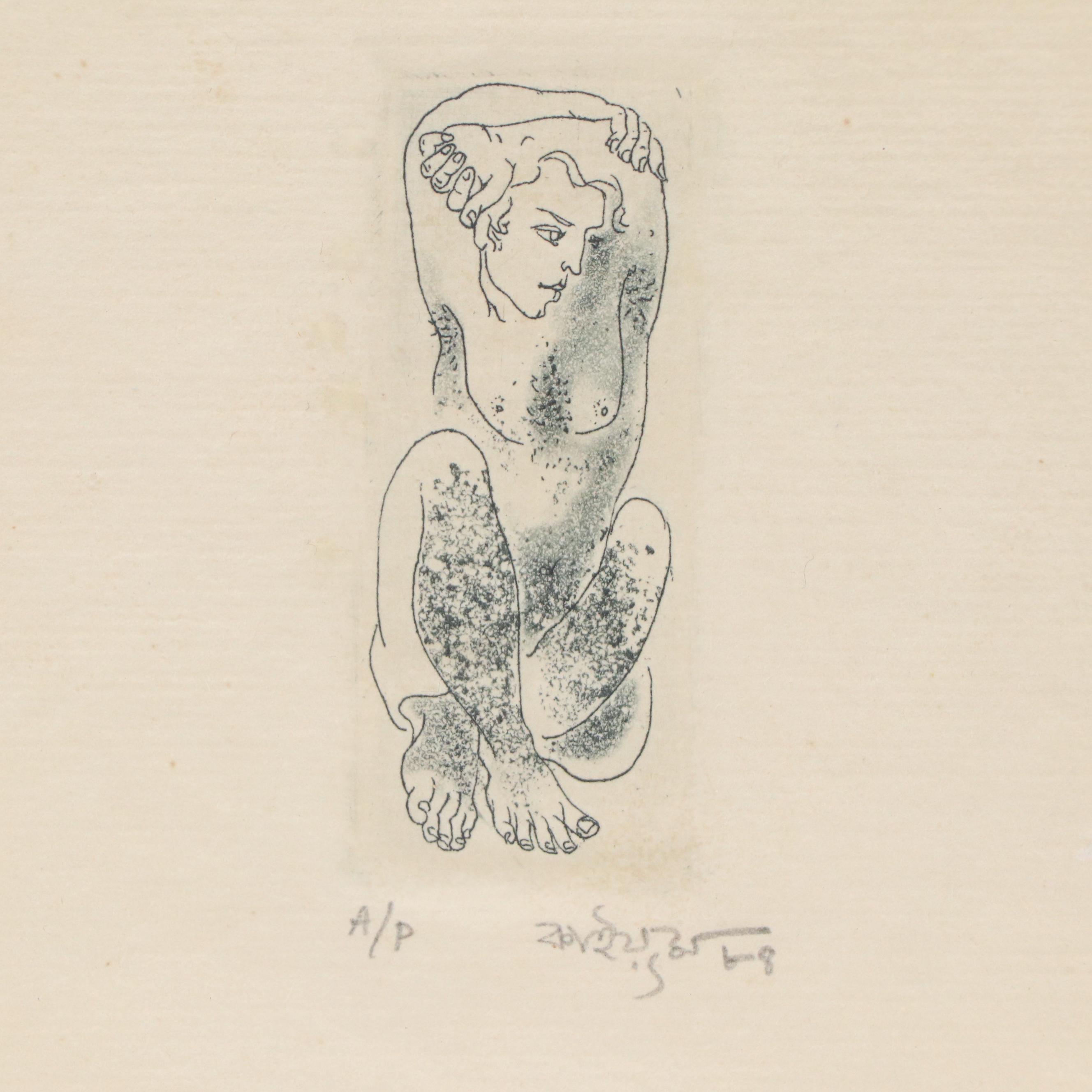 Etching of Seated Nude Woman