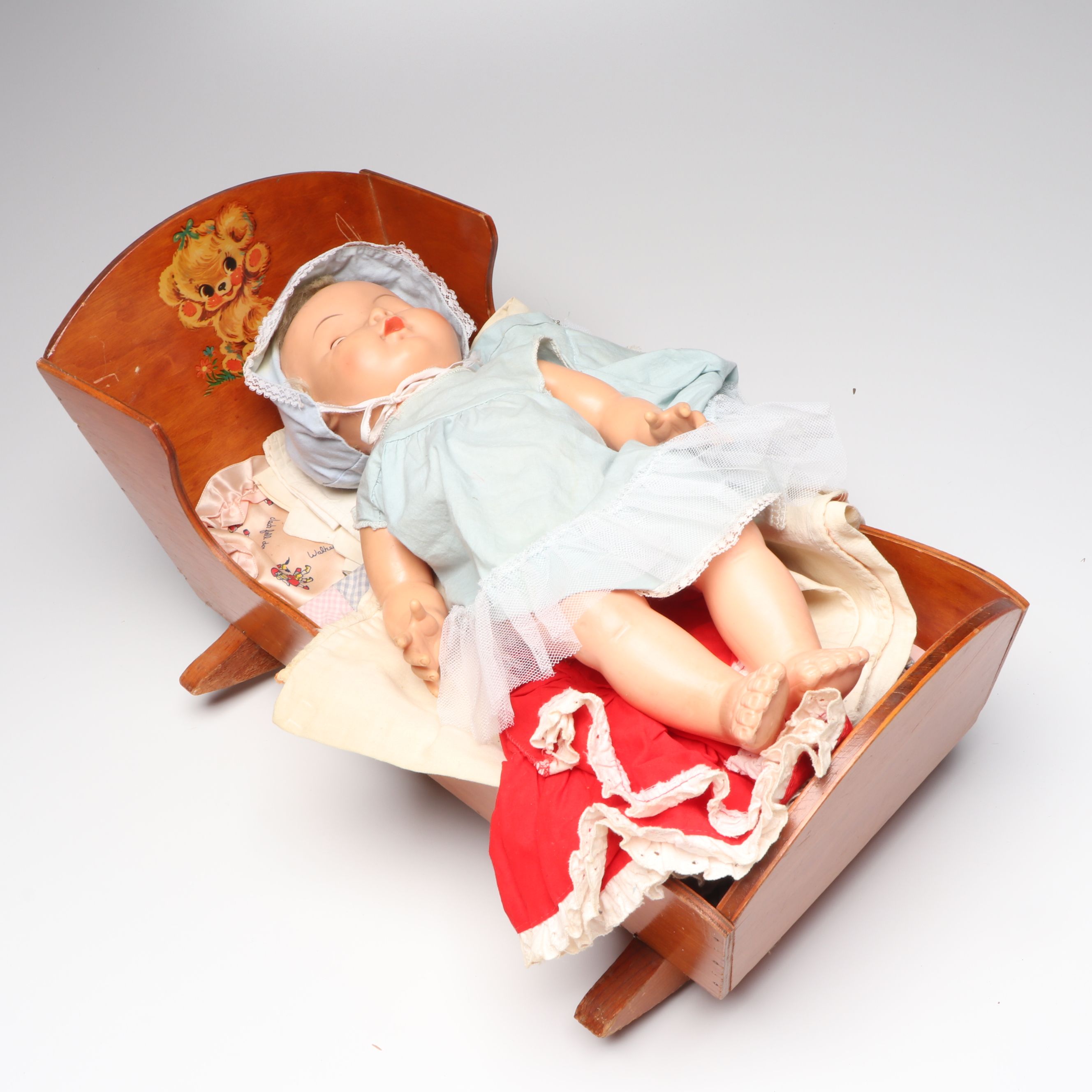 Vogue Ginny and Other Plastic Dolls with Clothing and Cradle, 1970s