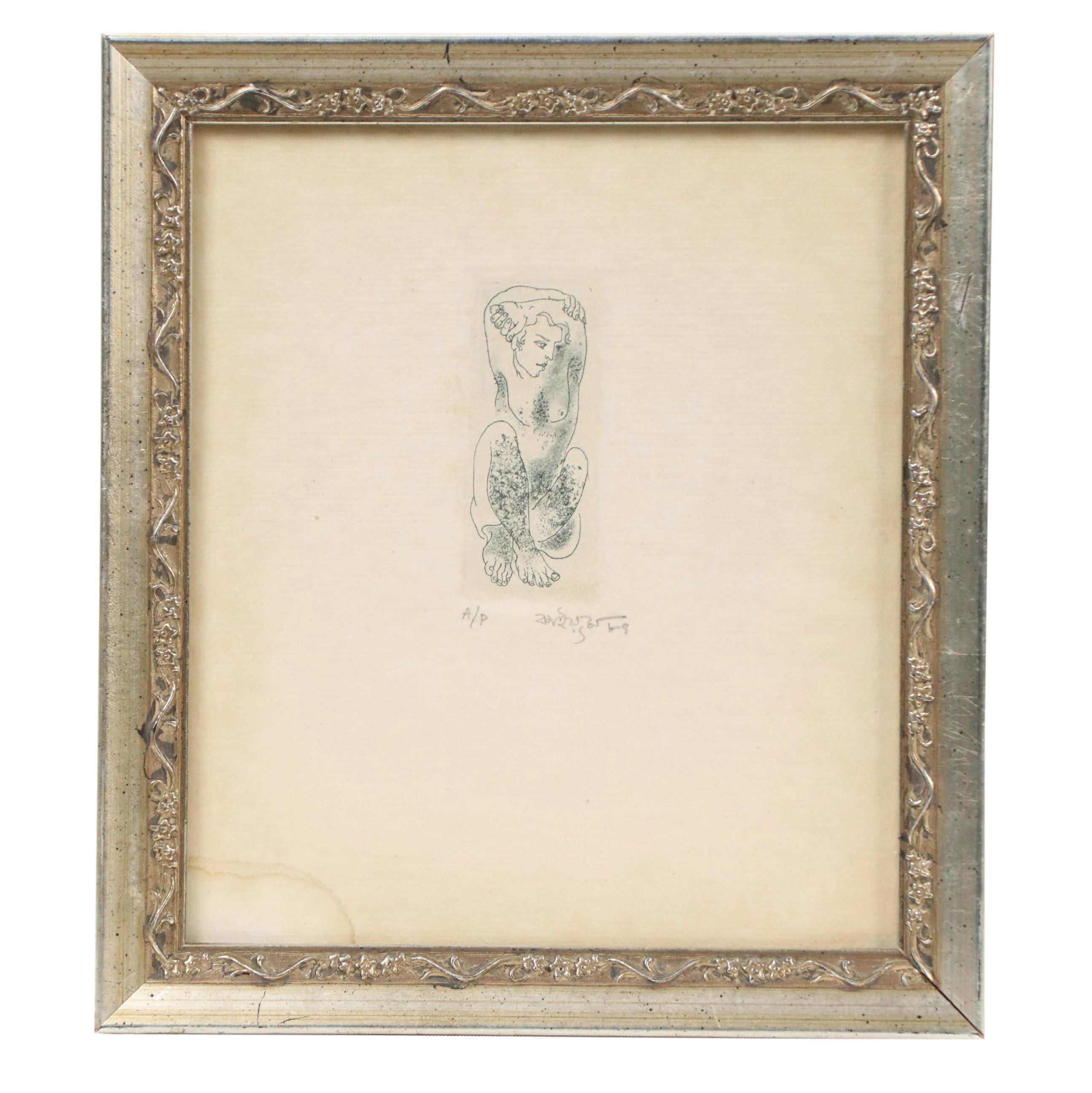 Etching of Seated Nude Woman