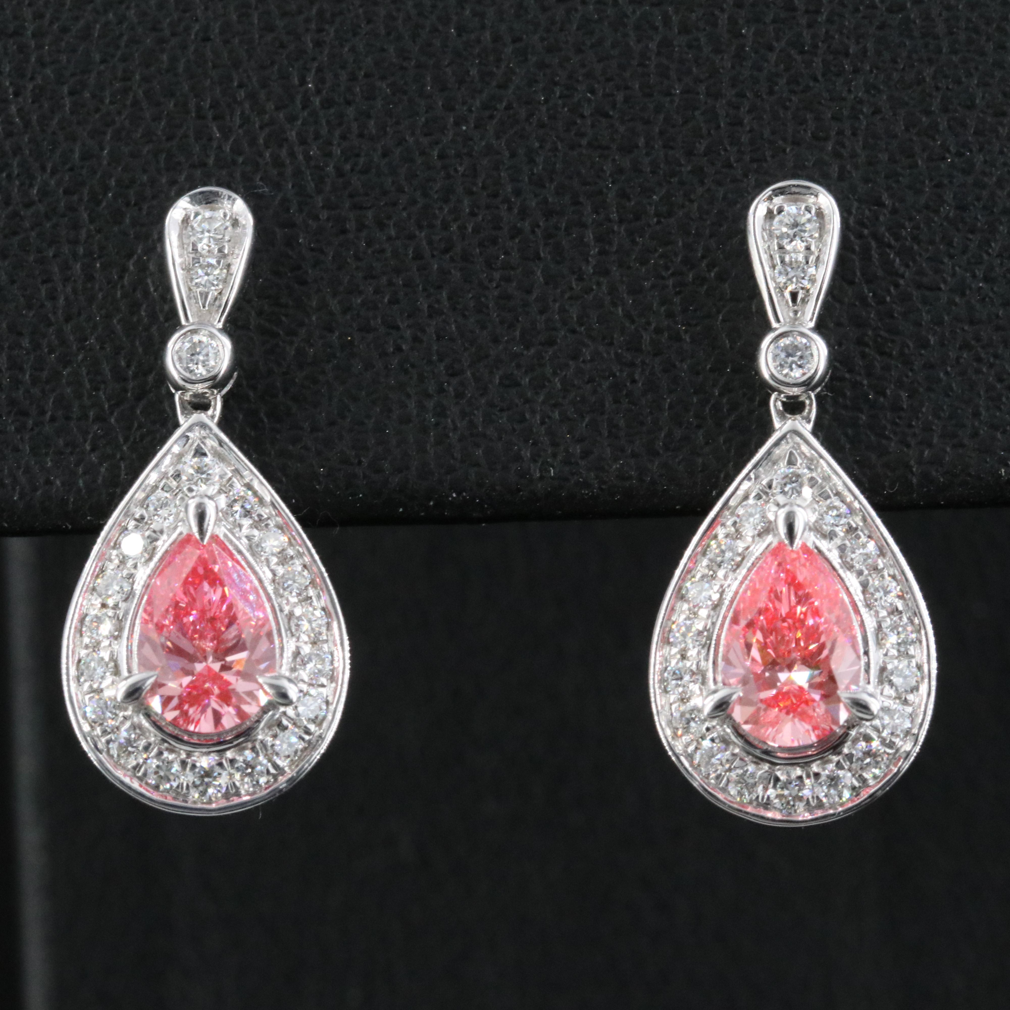 14K 1.40 CTW Lab Grown Diamond Drop Earrings with Fancy Pink Centers