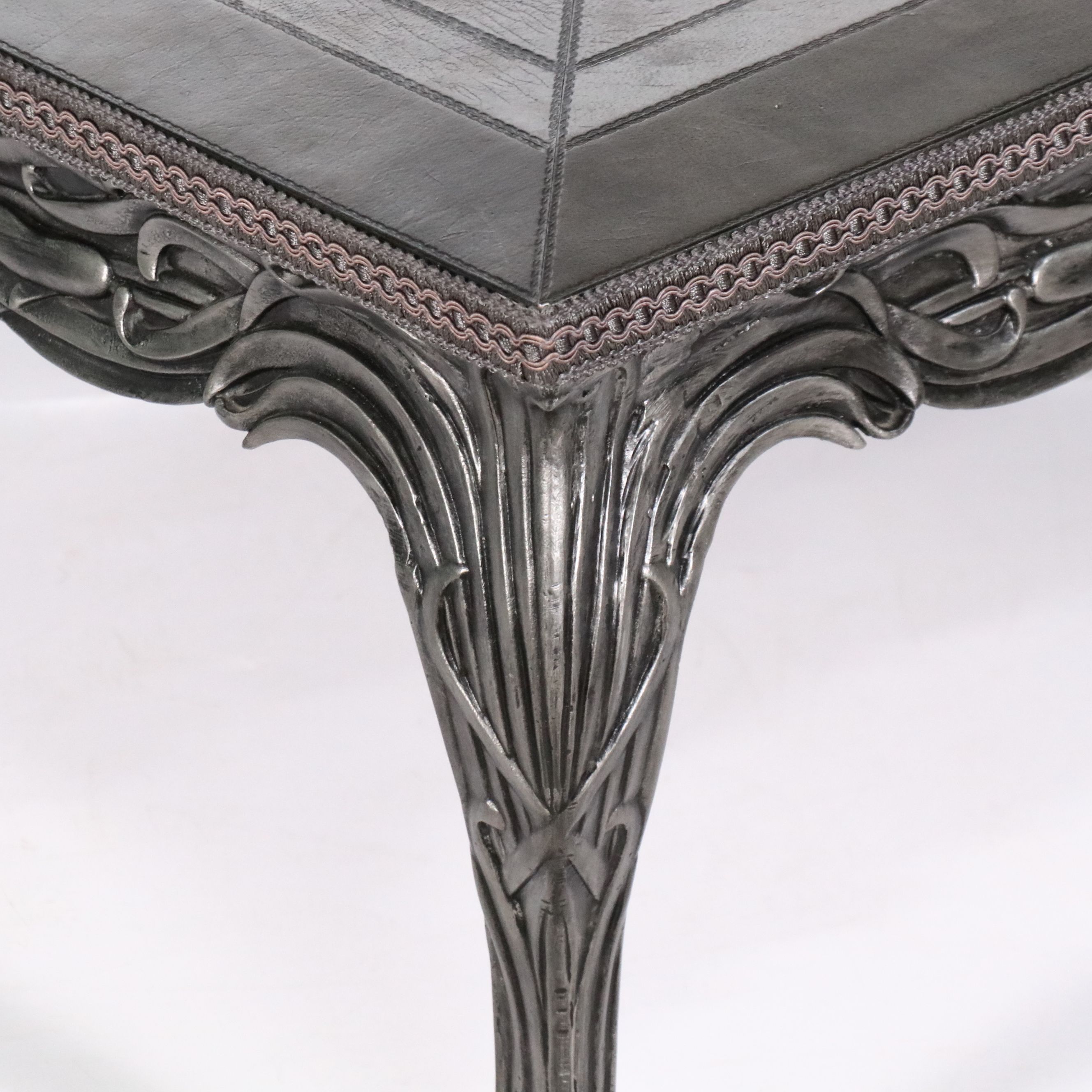 Modern Art Nouveau Style Cast Metal Leather Top Coffee Table