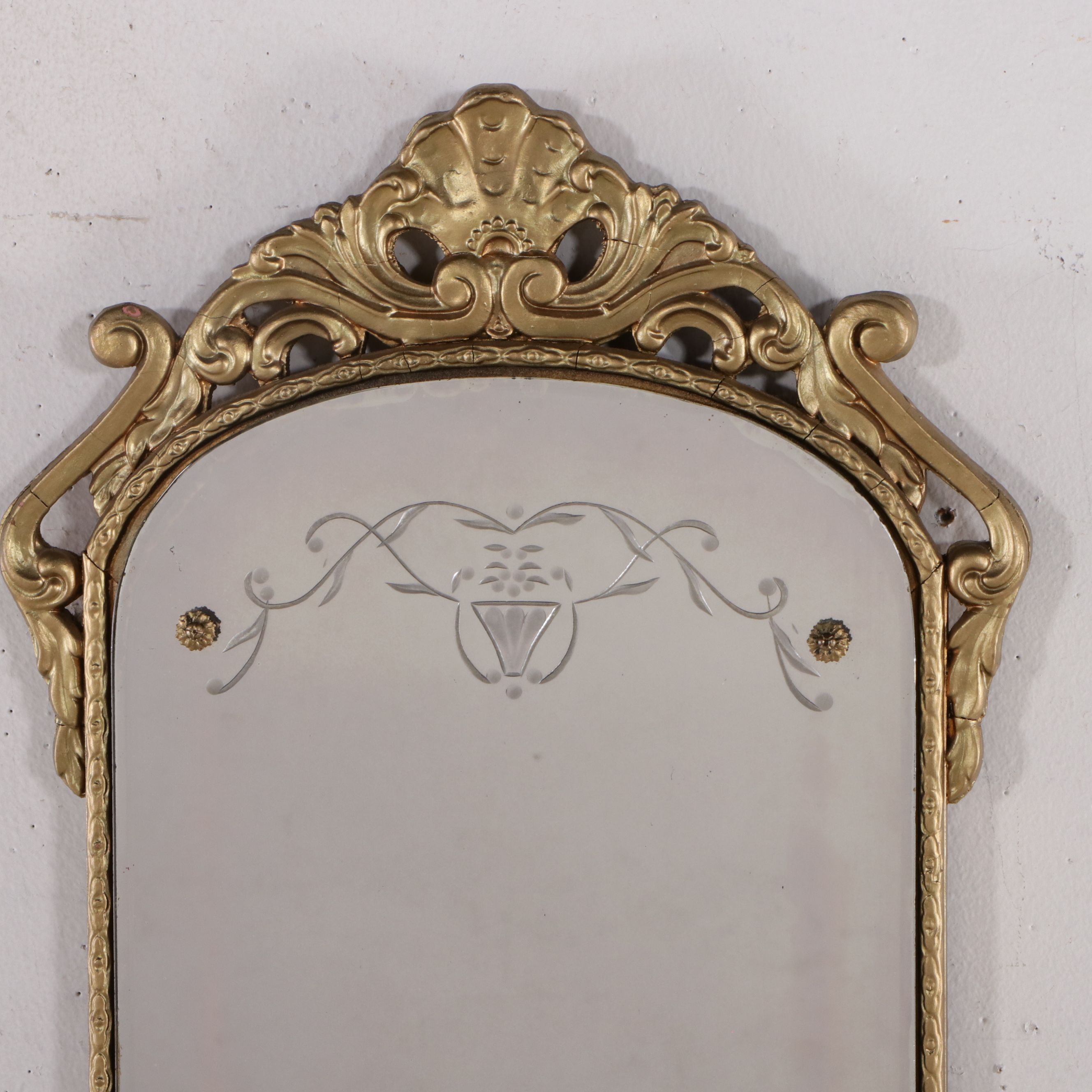 Venetian Style Arched Giltwood and Etched Glass Pier Mirror