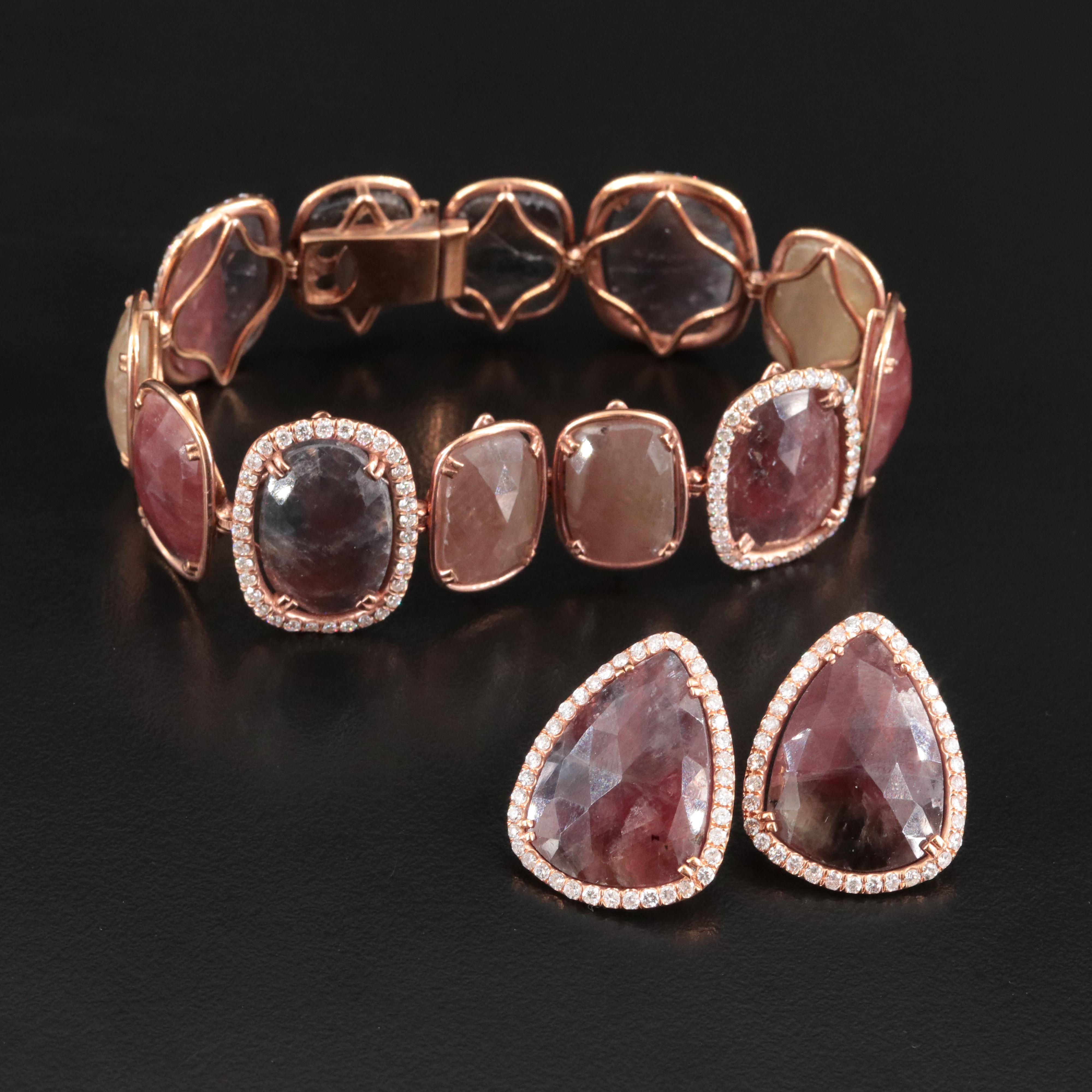 14K Rose Gold Multicolored Sapphire and Diamond Bracelet and Earrings