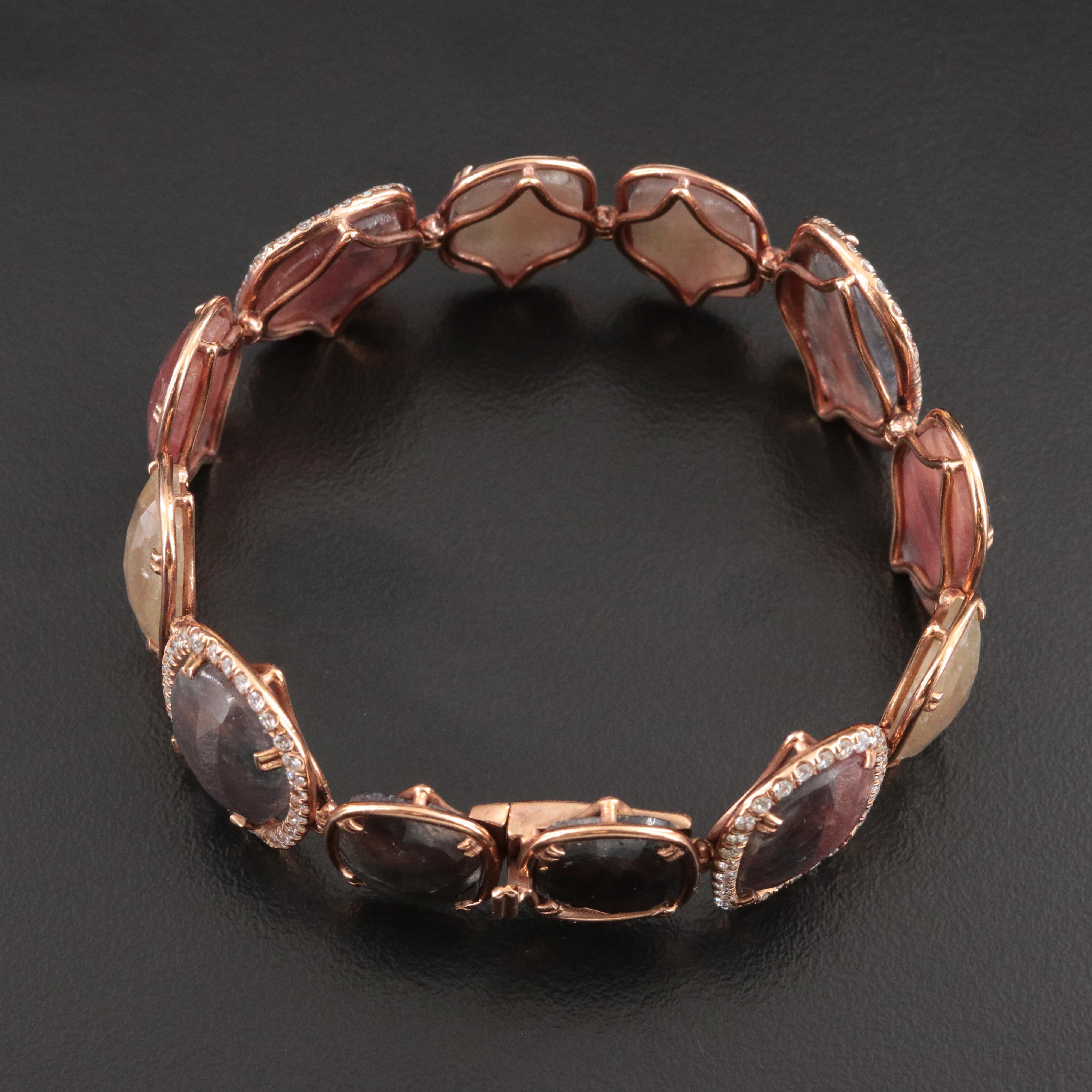 14K Rose Gold Multicolored Sapphire and Diamond Bracelet and Earrings