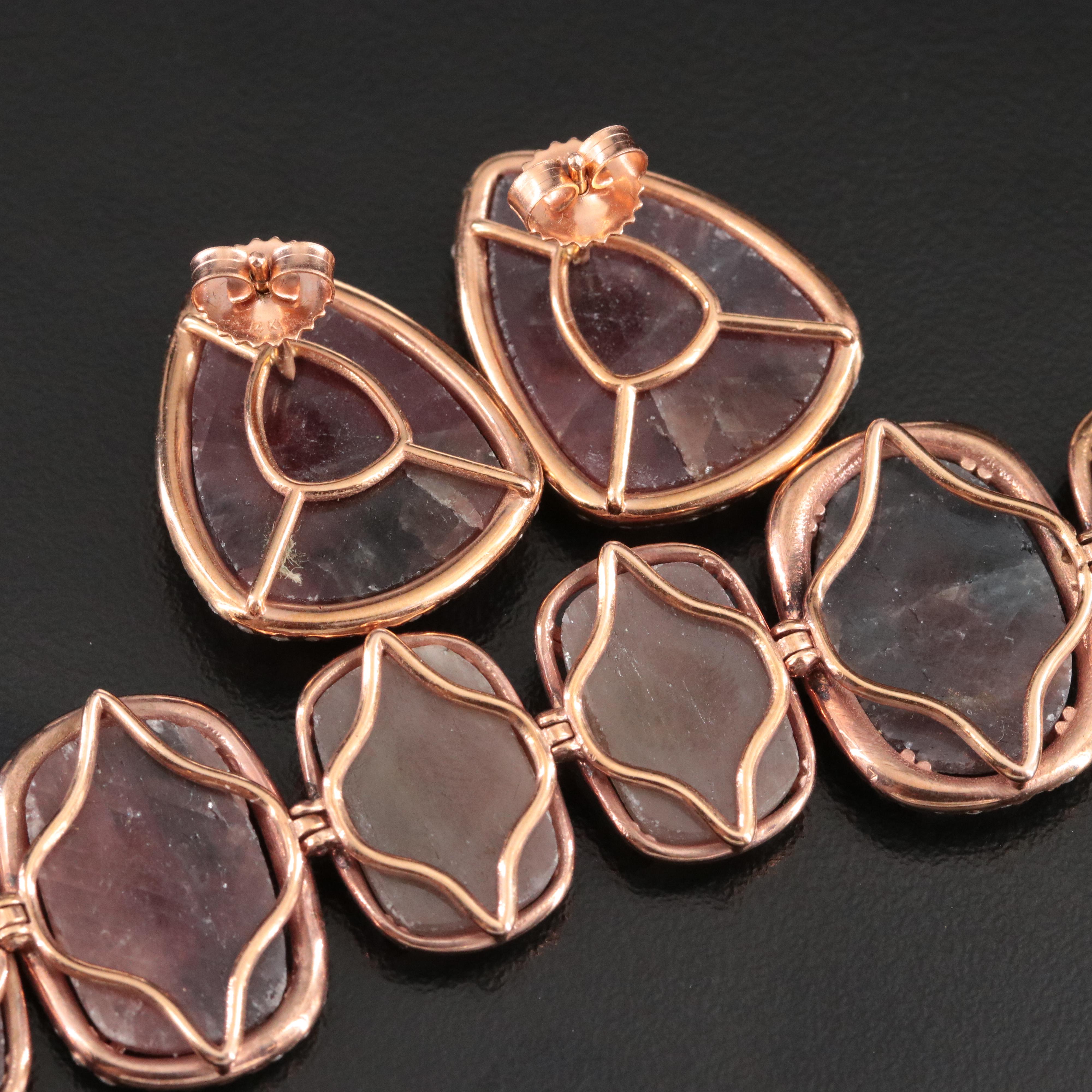 14K Rose Gold Multicolored Sapphire and Diamond Bracelet and Earrings