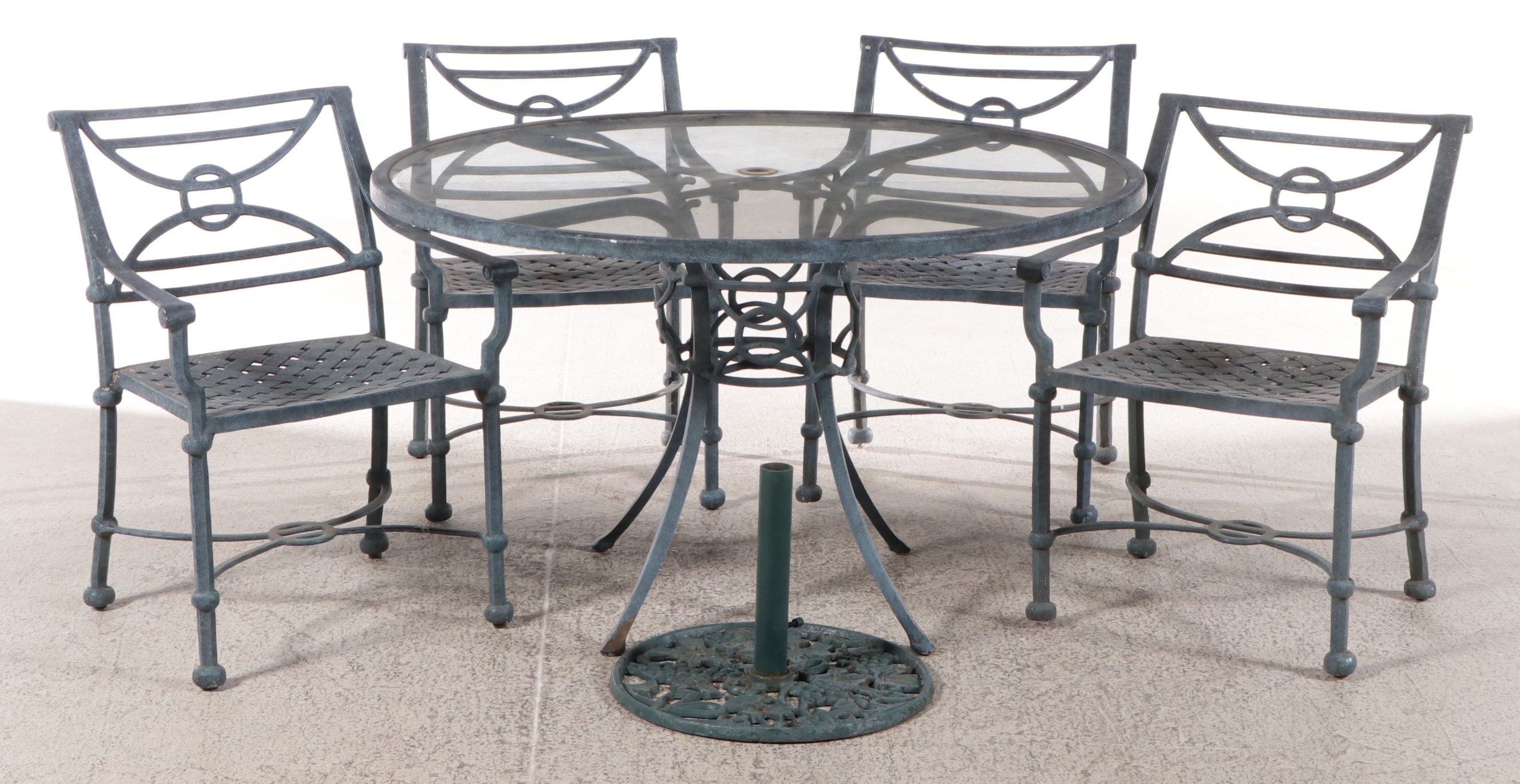 Five Piece Directoire Style  Patio Dining Set with Glass Top Pedestal Table