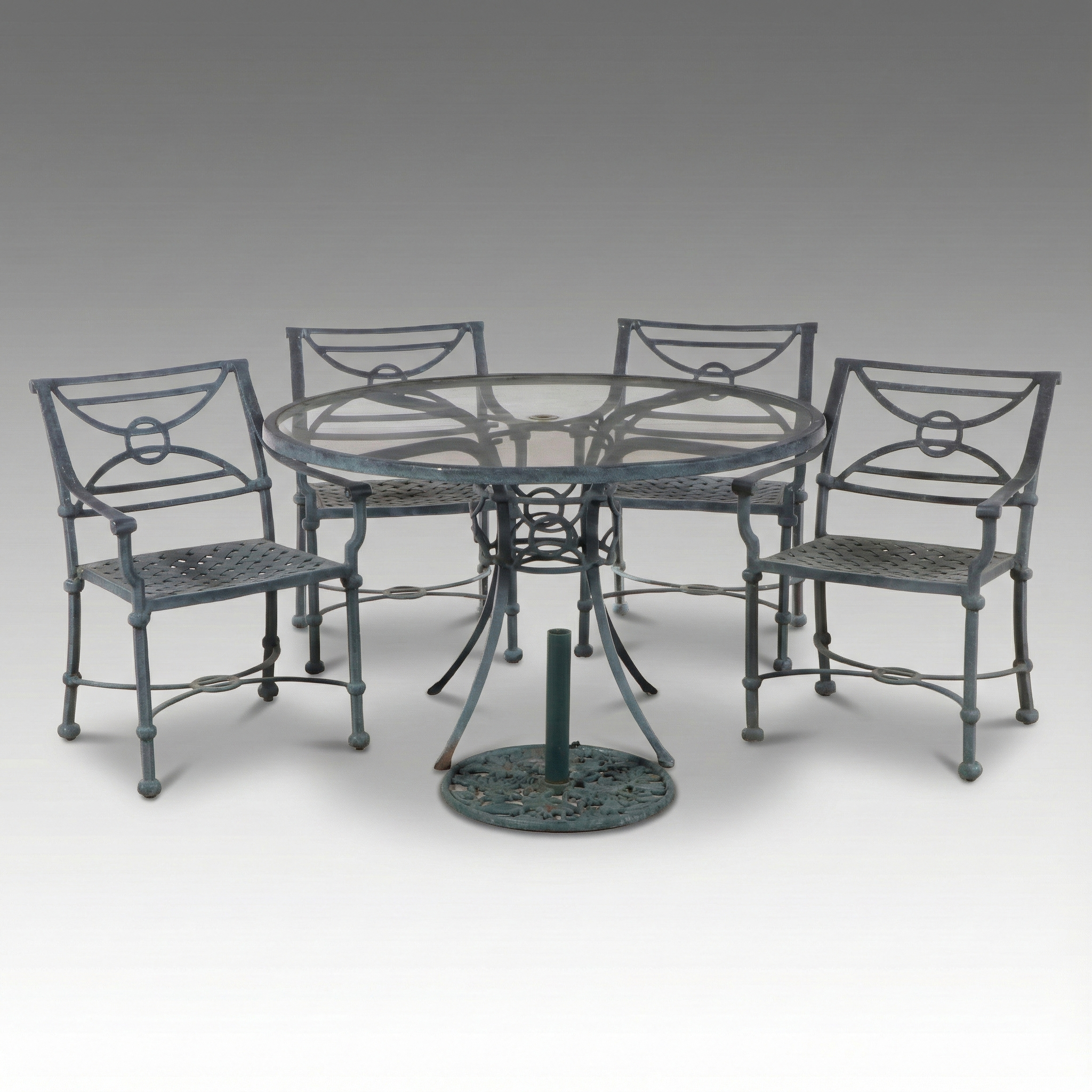 Five Piece Directoire Style  Patio Dining Set with Glass Top Pedestal Table