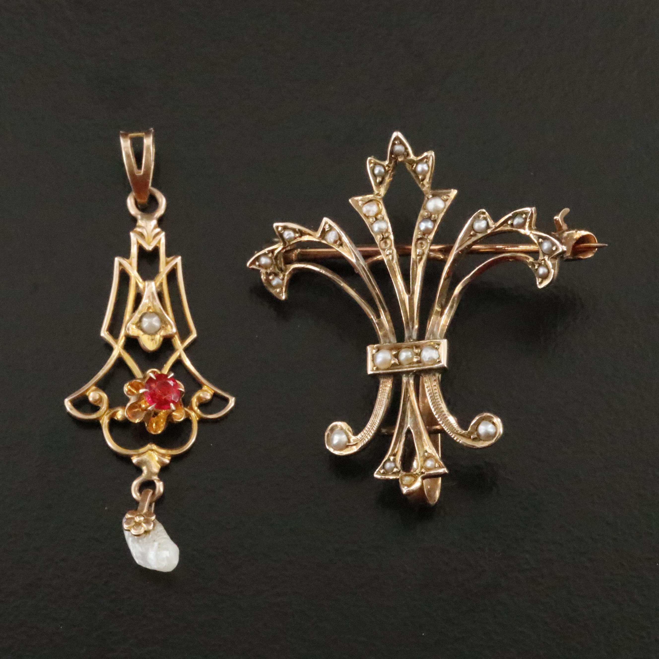 Ostby & Barton Co. 10K Lavalier Pendant with Fleur-de-Lis Watch Pin with Pearls