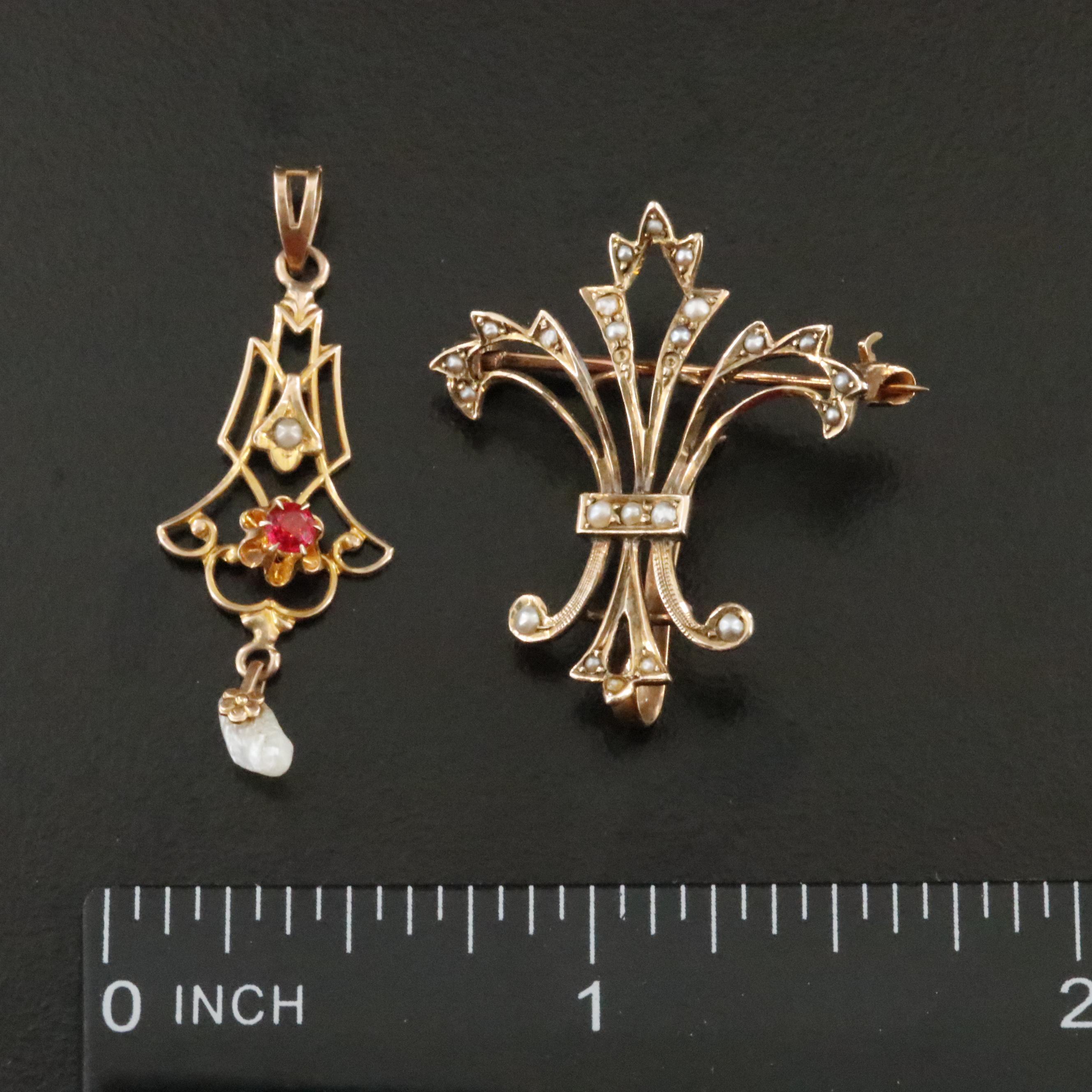 Ostby & Barton Co. 10K Lavalier Pendant with Fleur-de-Lis Watch Pin with Pearls