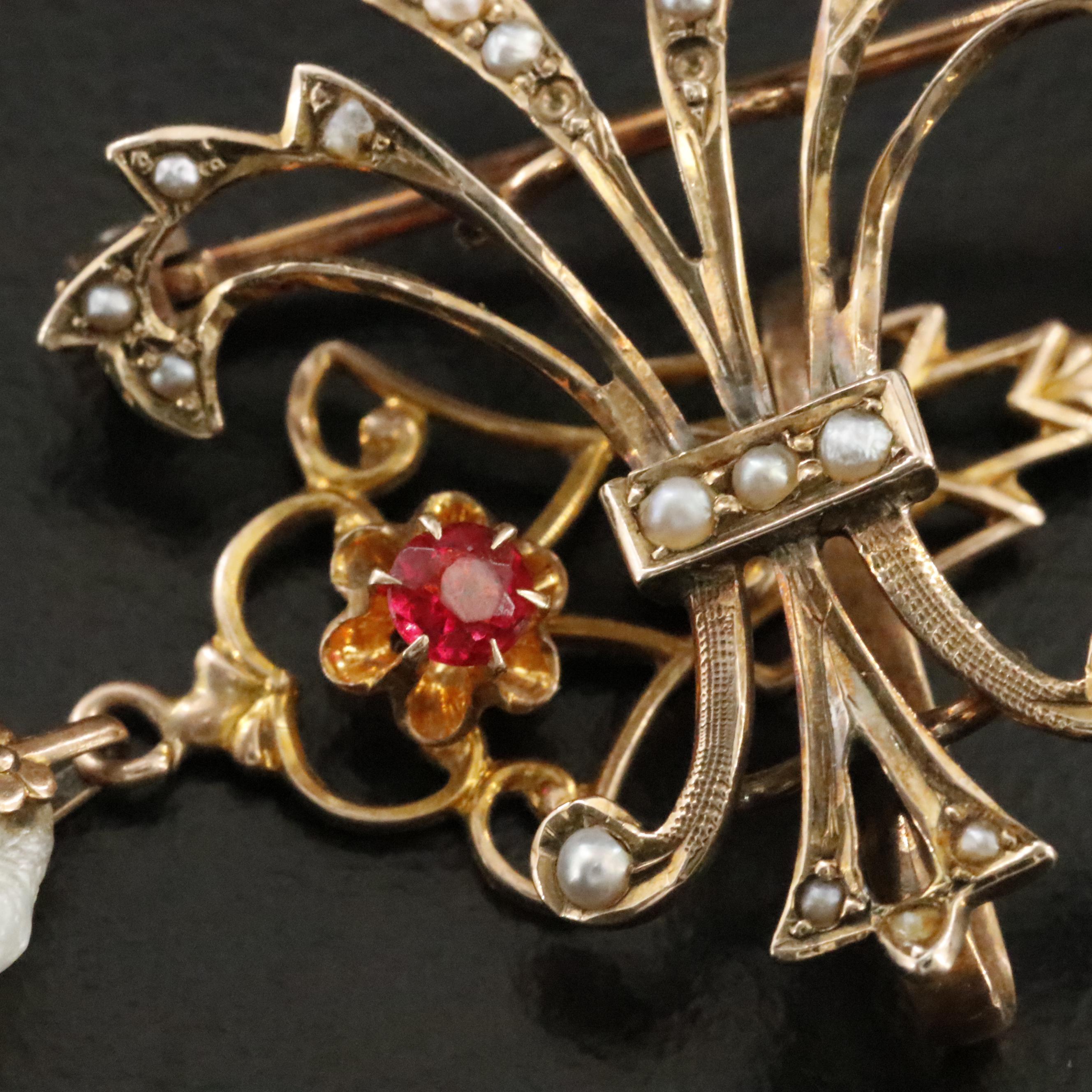 Ostby & Barton Co. 10K Lavalier Pendant with Fleur-de-Lis Watch Pin with Pearls