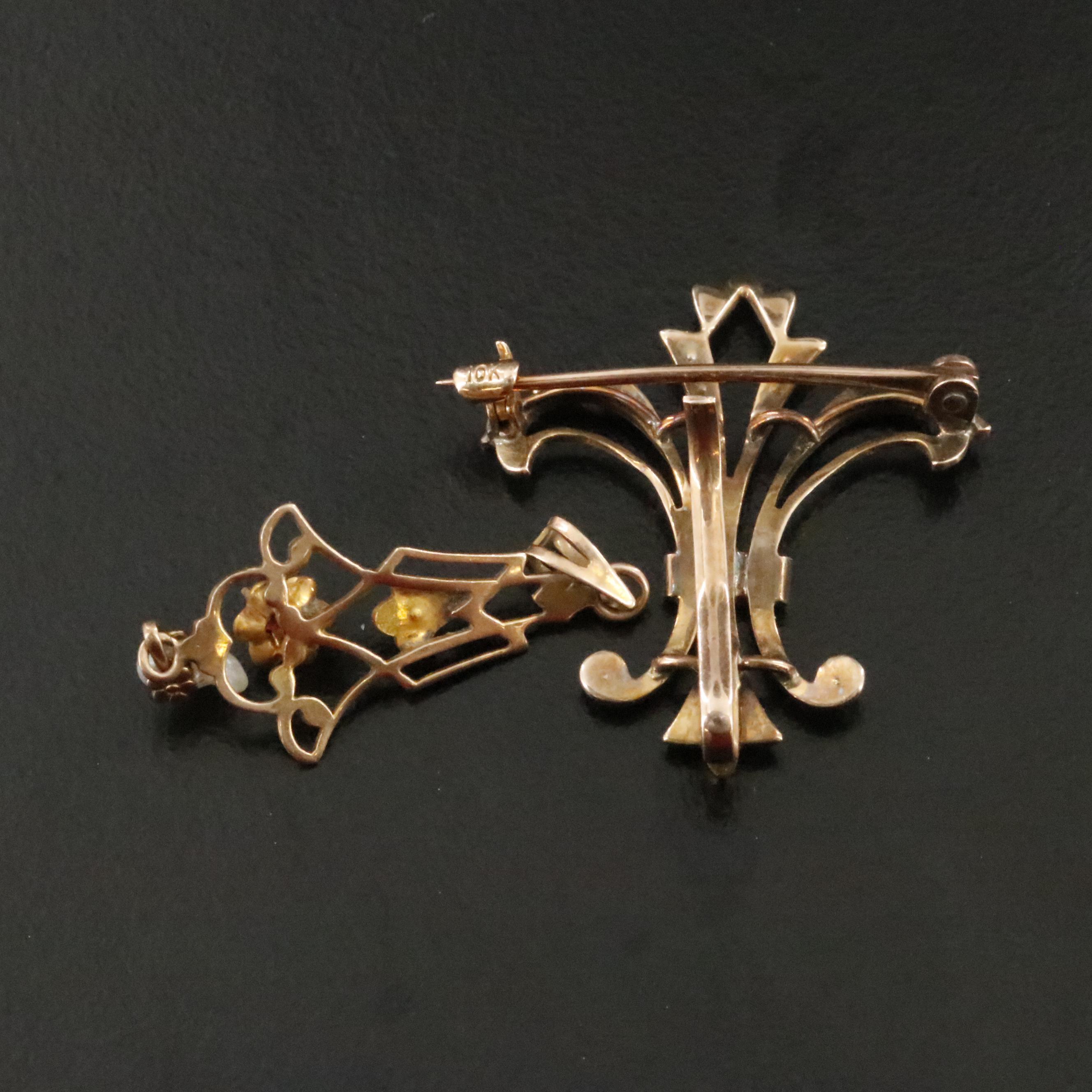 Ostby & Barton Co. 10K Lavalier Pendant with Fleur-de-Lis Watch Pin with Pearls