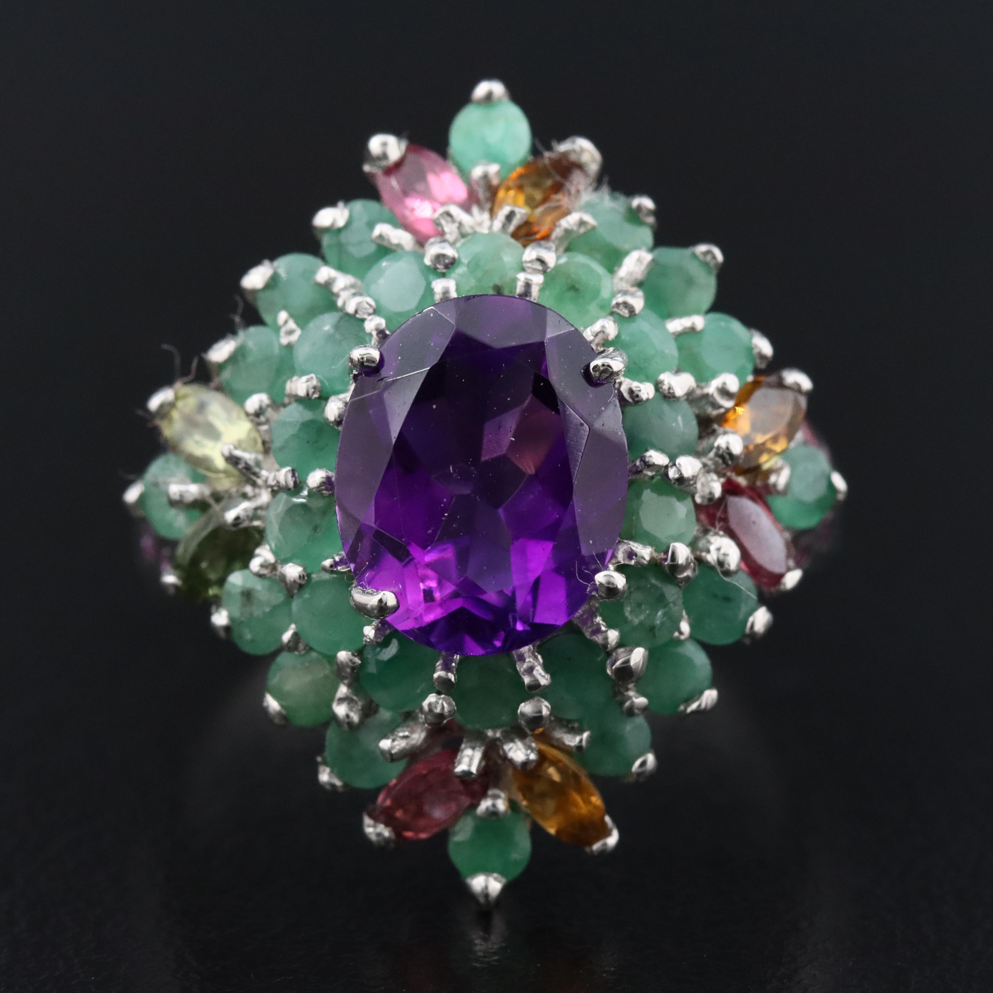 Sterling Amethyst, Emerald and Rhodolite Garnet Ring
