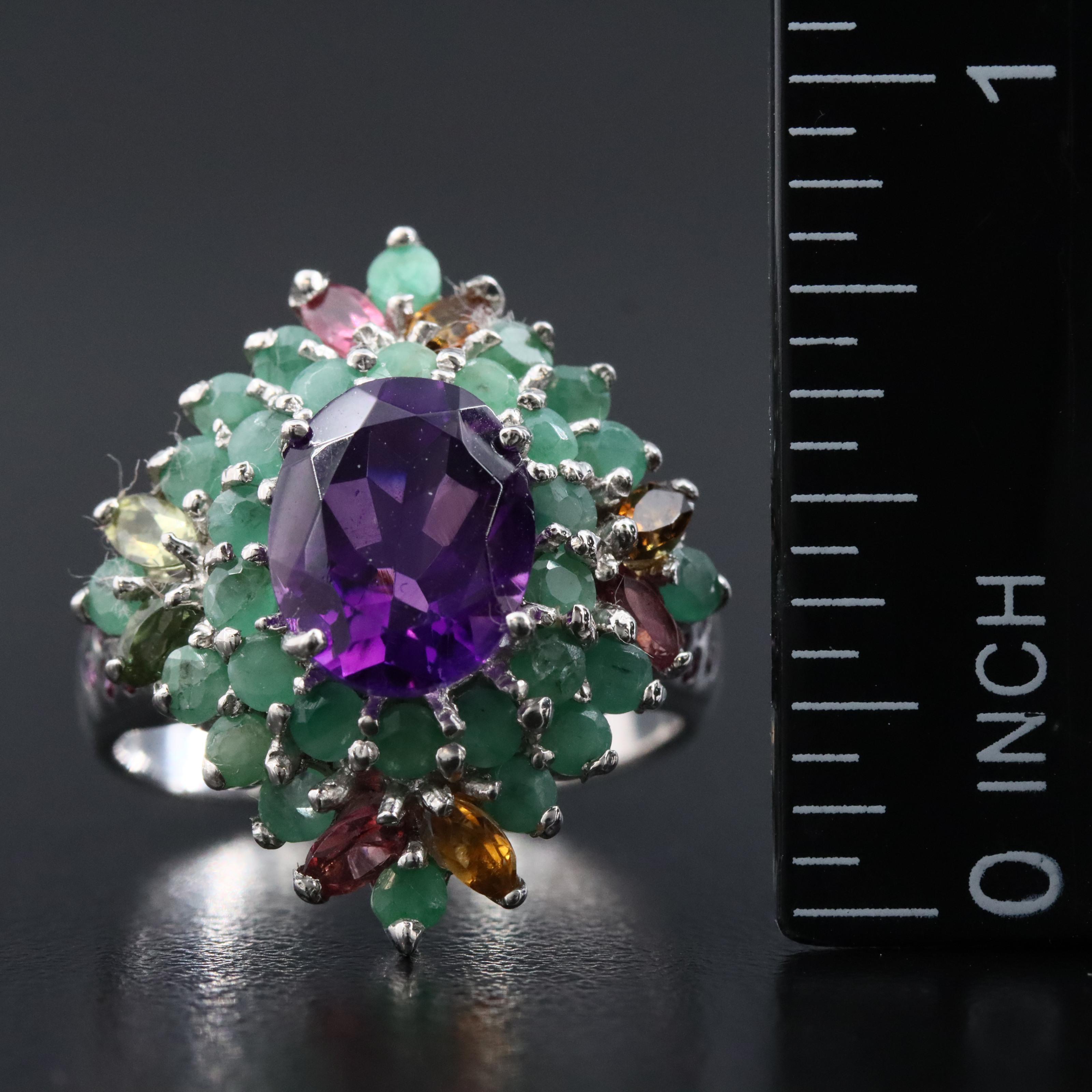 Sterling Amethyst, Emerald and Rhodolite Garnet Ring
