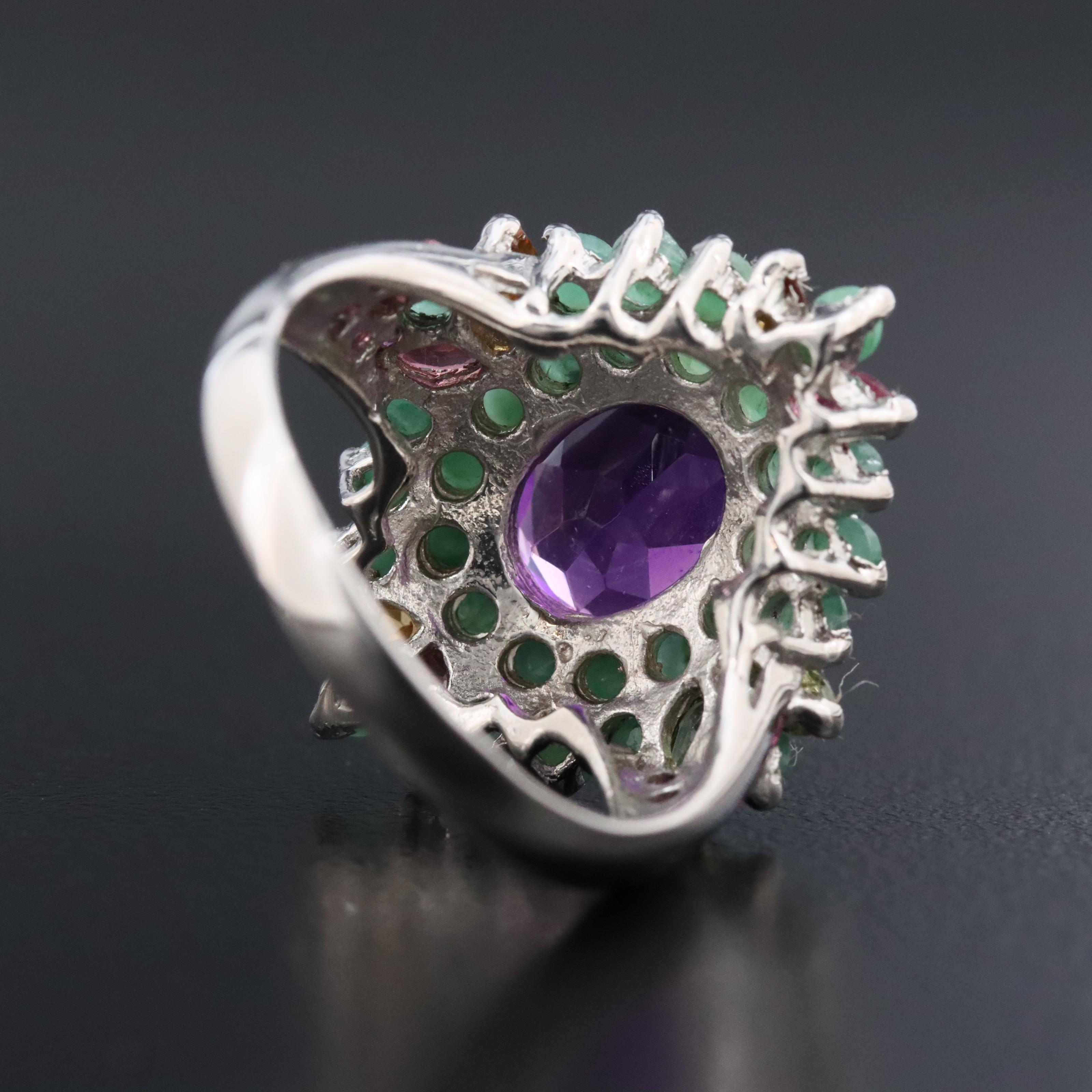 Sterling Amethyst, Emerald and Rhodolite Garnet Ring