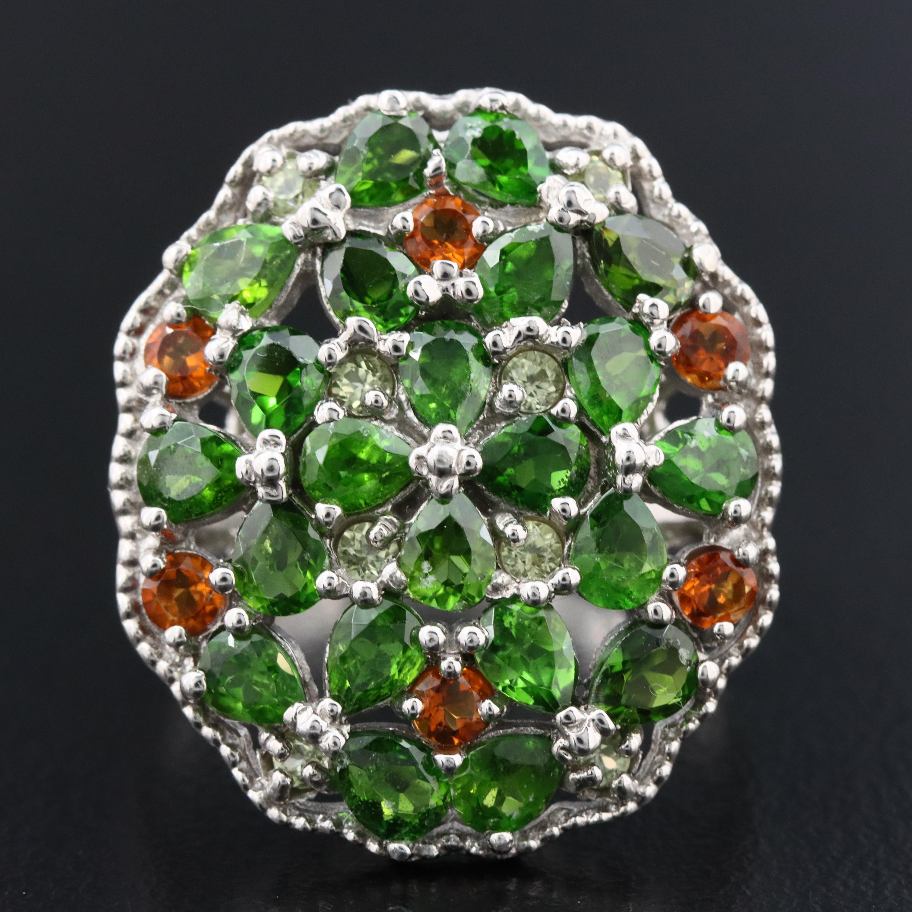 Sterling Diopside, Citrine and Peridot Ring