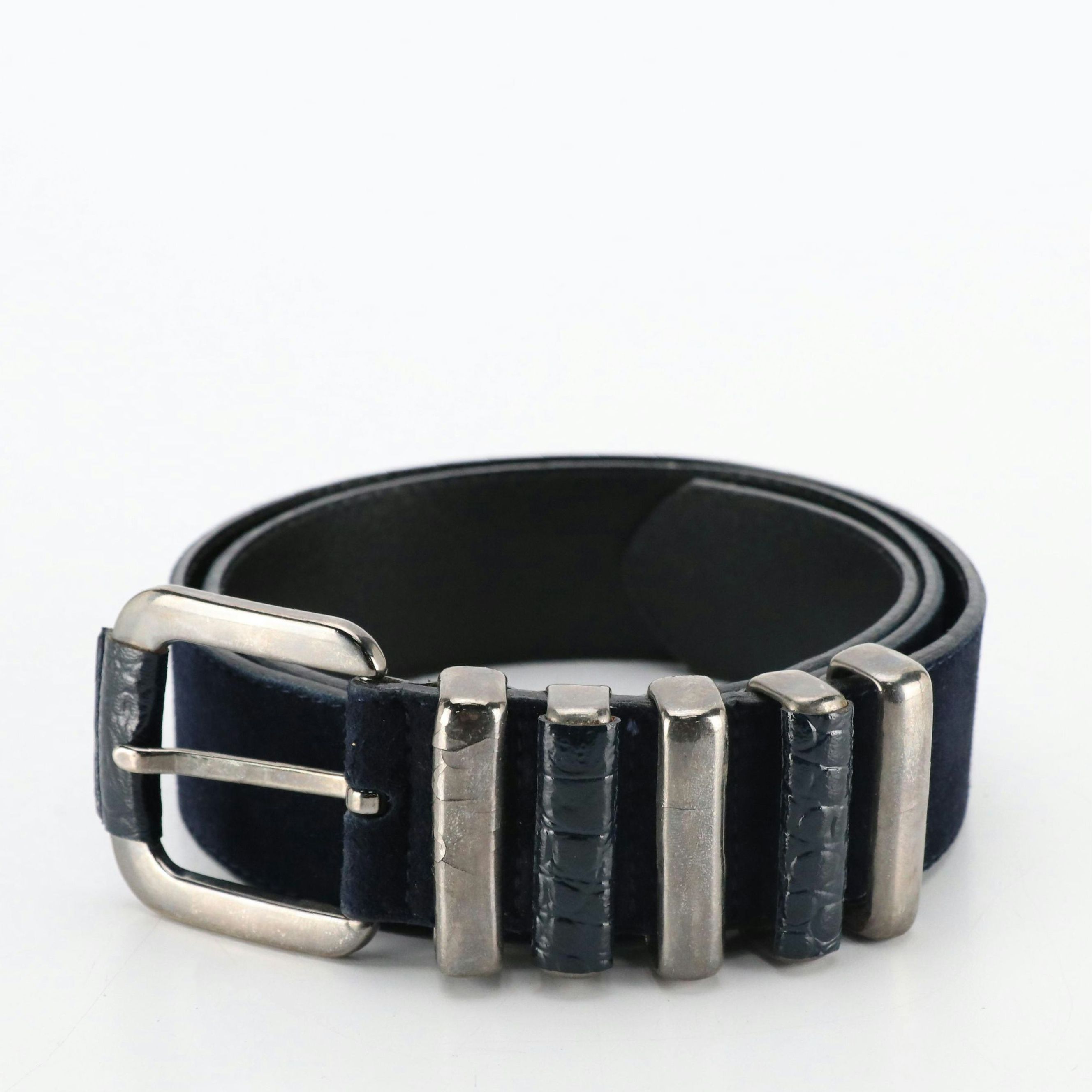 Escada Vintage Navy Blue Suede Belt with Metal and Crocodile Leather Accents