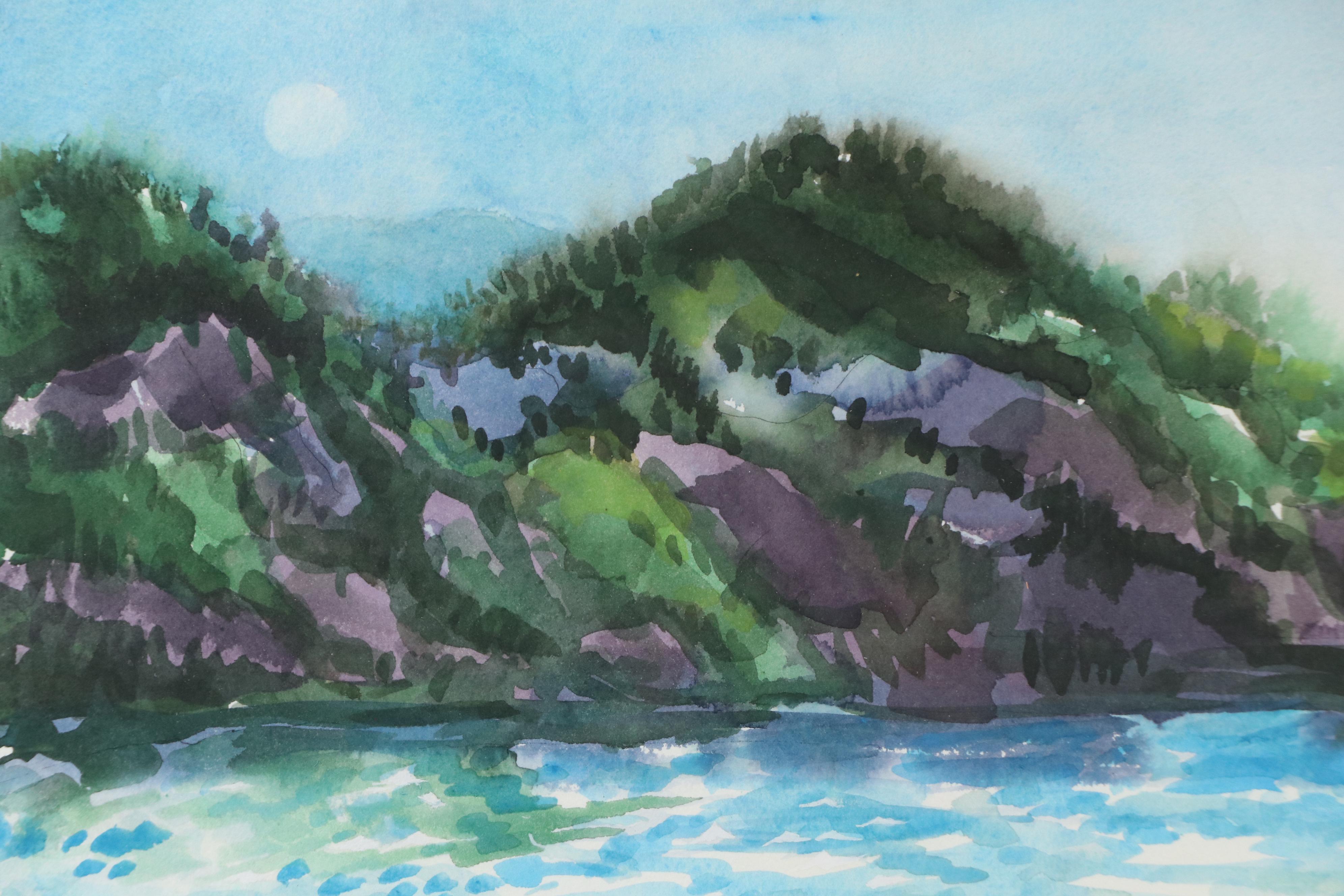 Mountainous Coastal Landscape Watercolor Painting