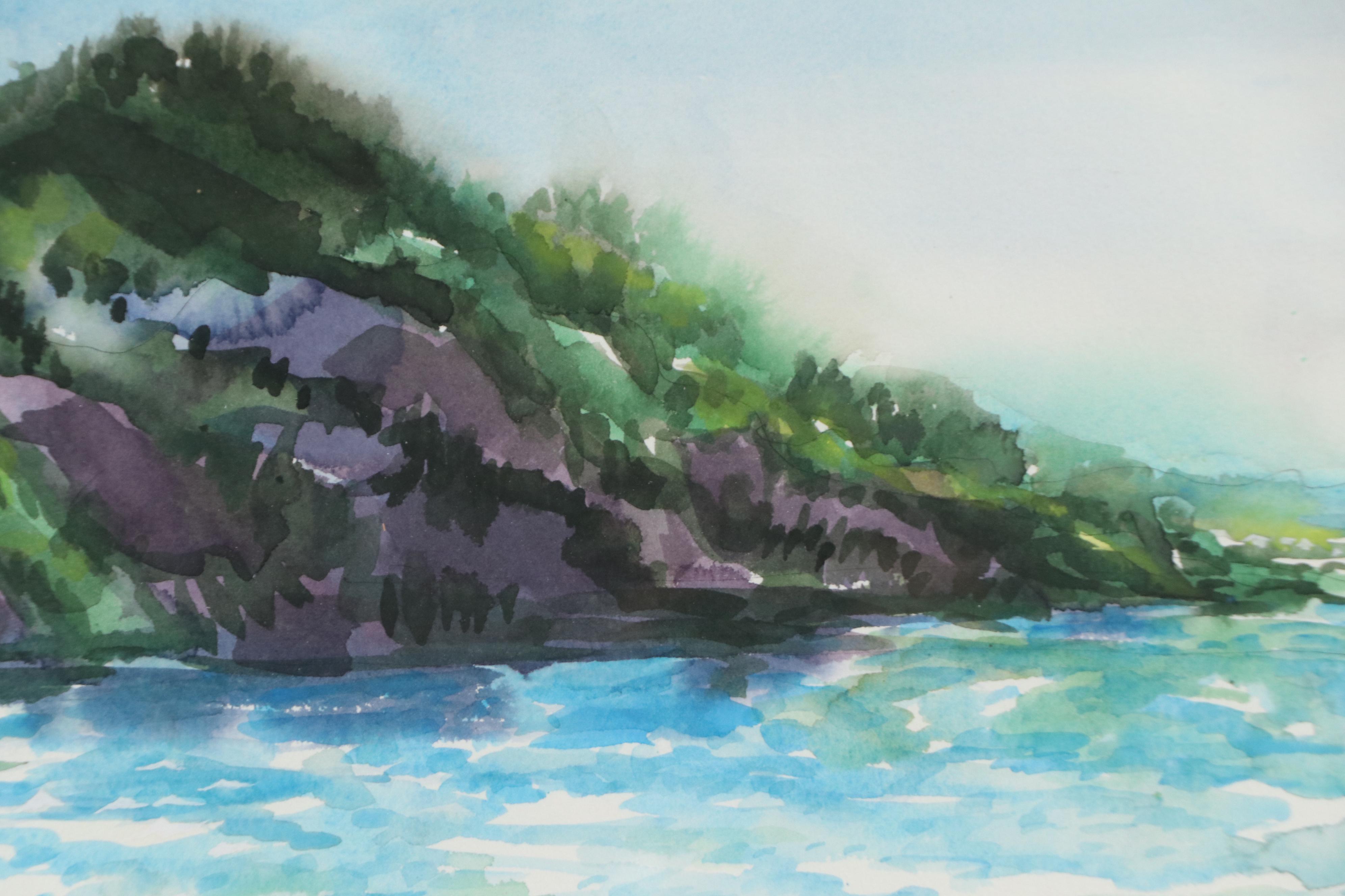 Mountainous Coastal Landscape Watercolor Painting