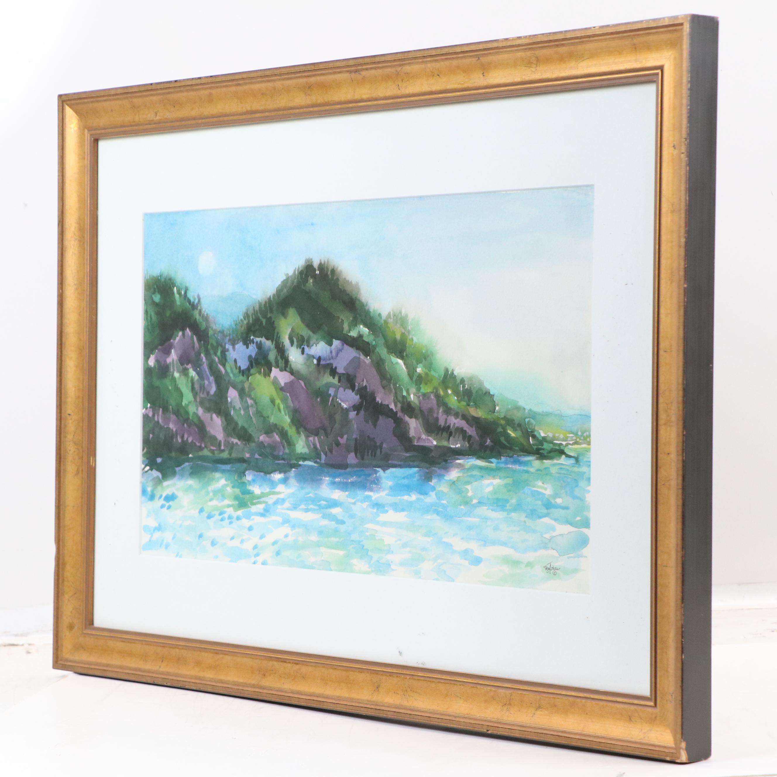Mountainous Coastal Landscape Watercolor Painting