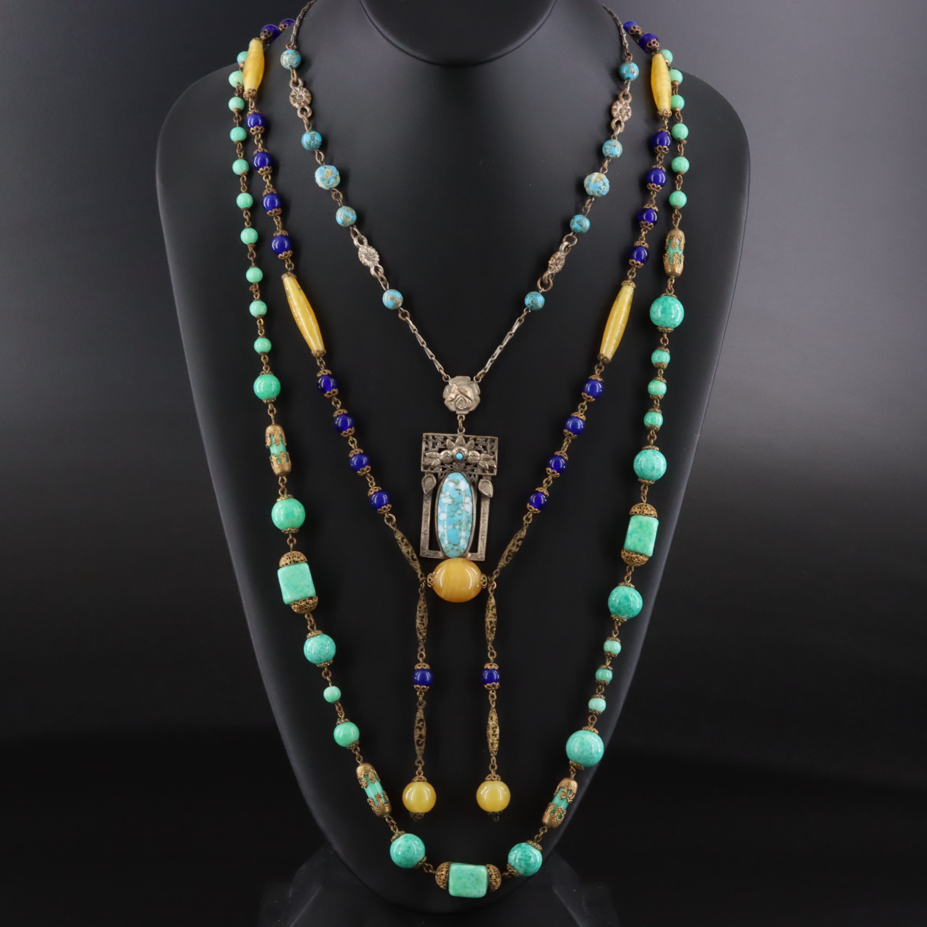 Art Deco and Vintage Floral Glass Necklaces Including Peking Glass