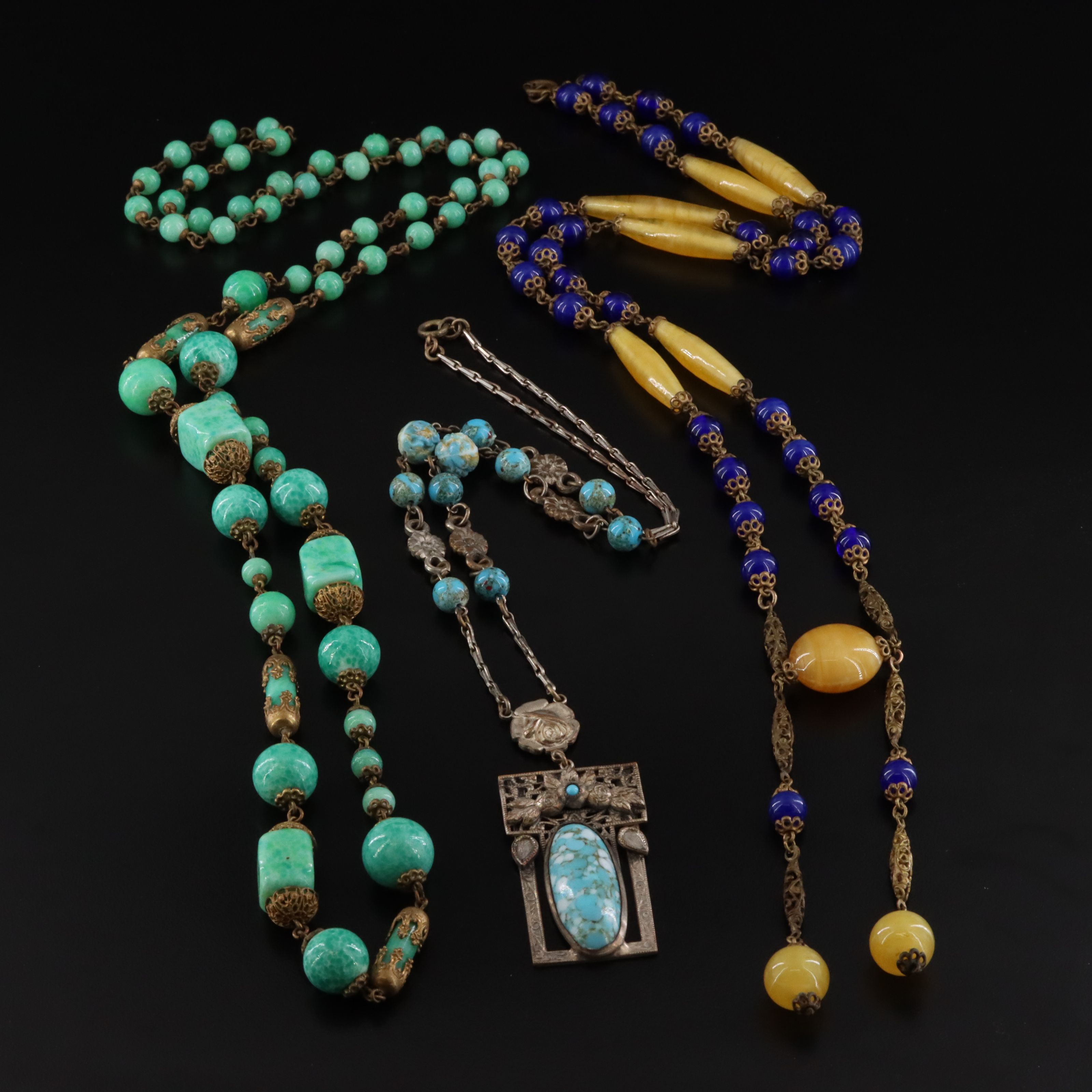 Art Deco and Vintage Floral Glass Necklaces Including Peking Glass