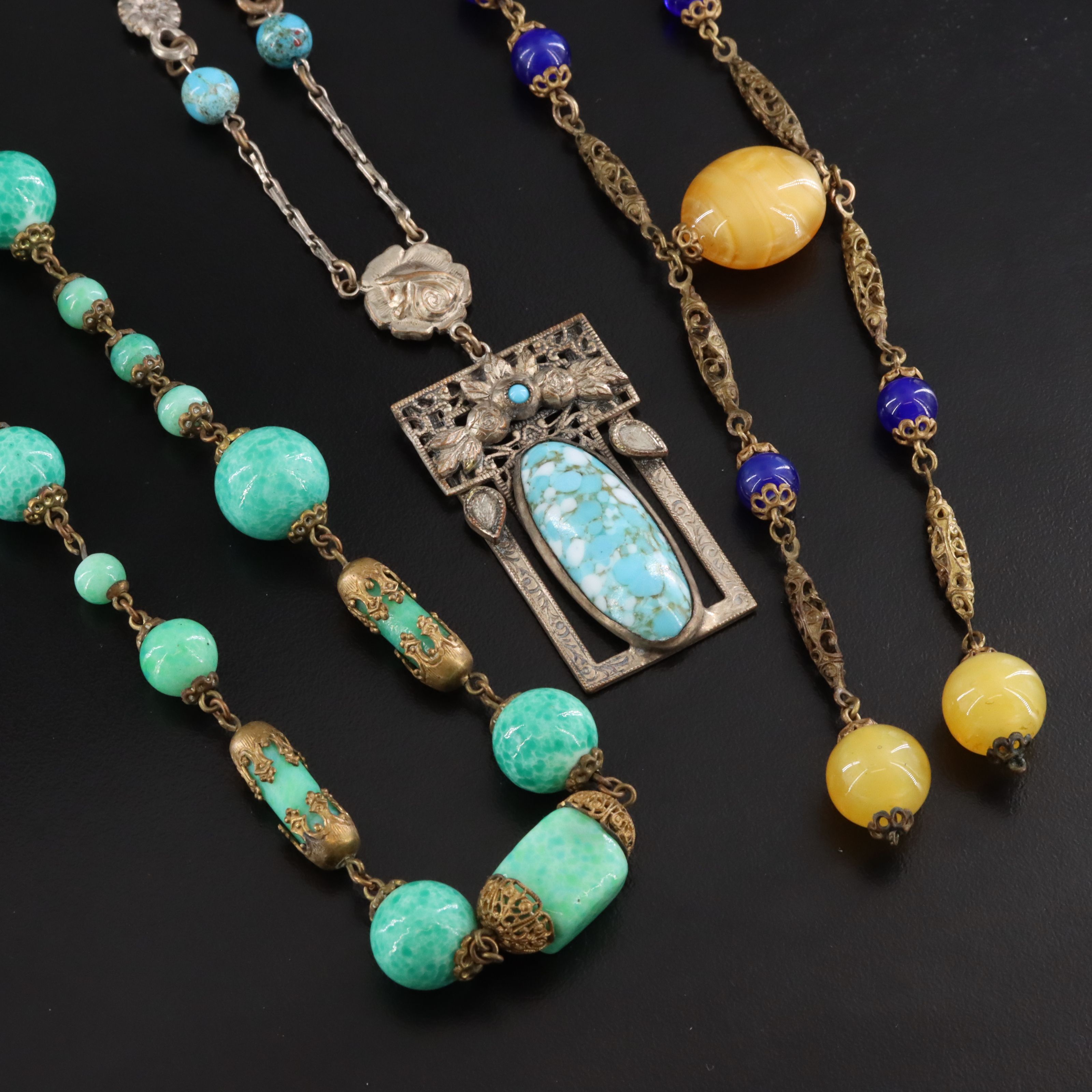 Art Deco and Vintage Floral Glass Necklaces Including Peking Glass