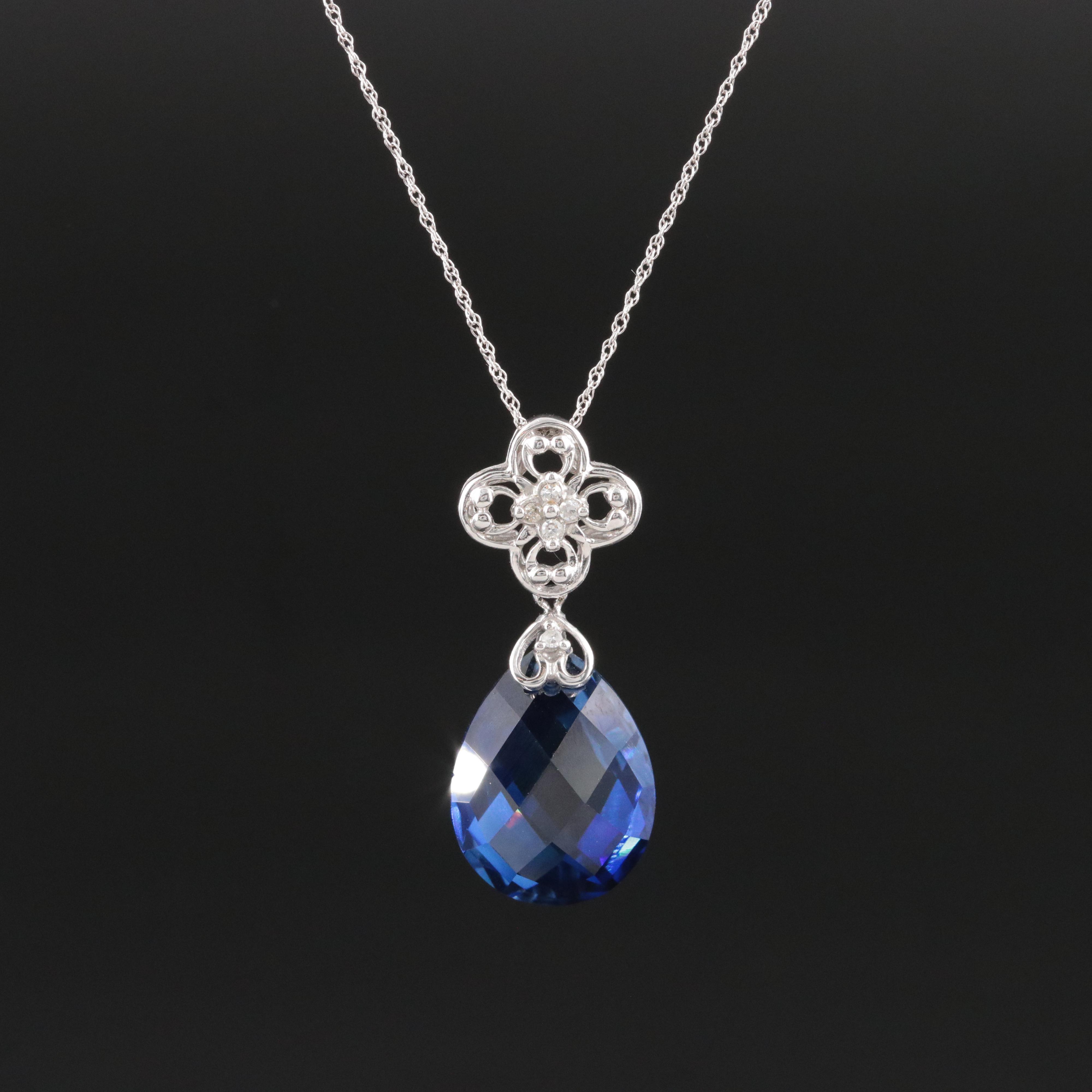 10K Sapphire and Diamond Flower Pendant Necklace