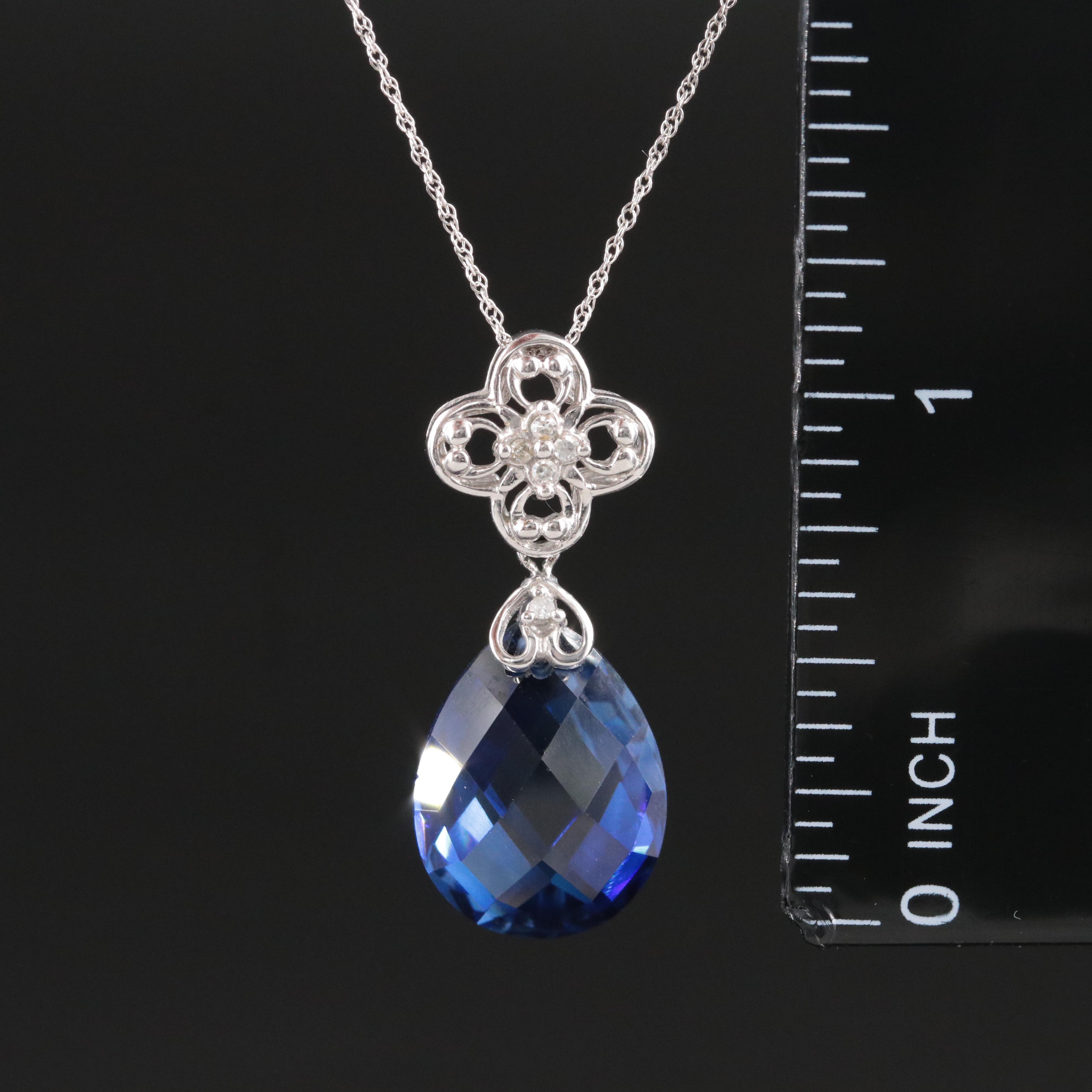10K Sapphire and Diamond Flower Pendant Necklace