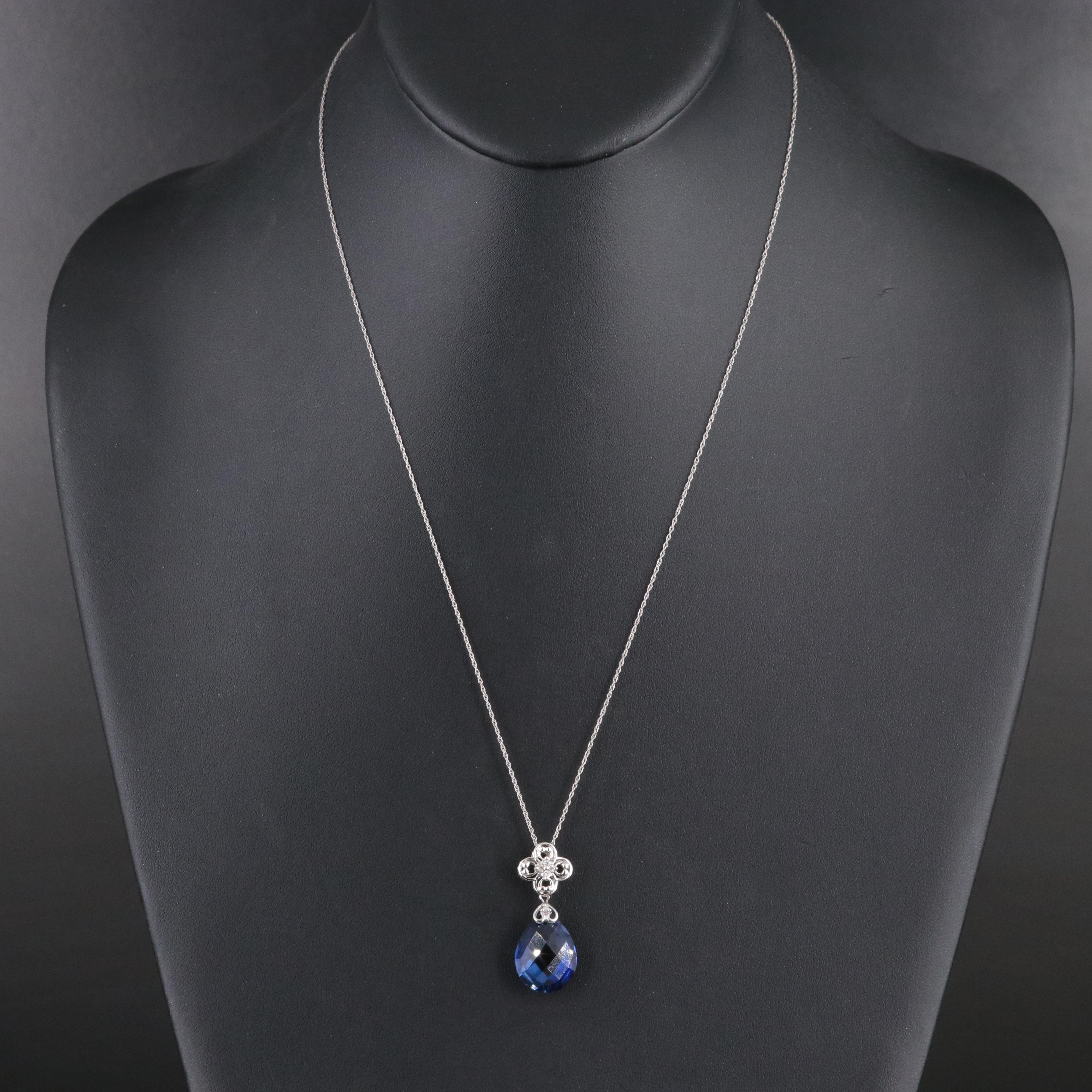 10K Sapphire and Diamond Flower Pendant Necklace