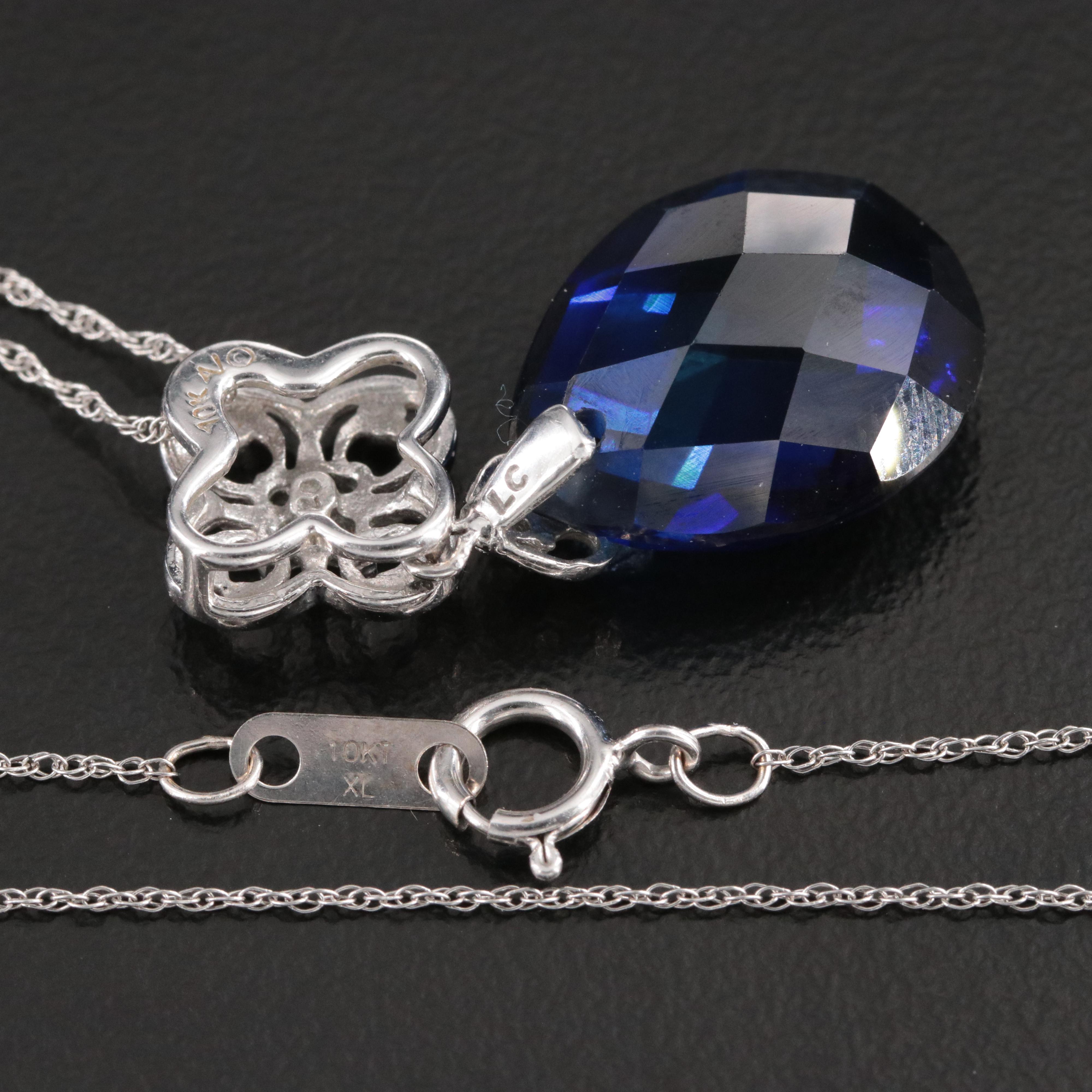 10K Sapphire and Diamond Flower Pendant Necklace