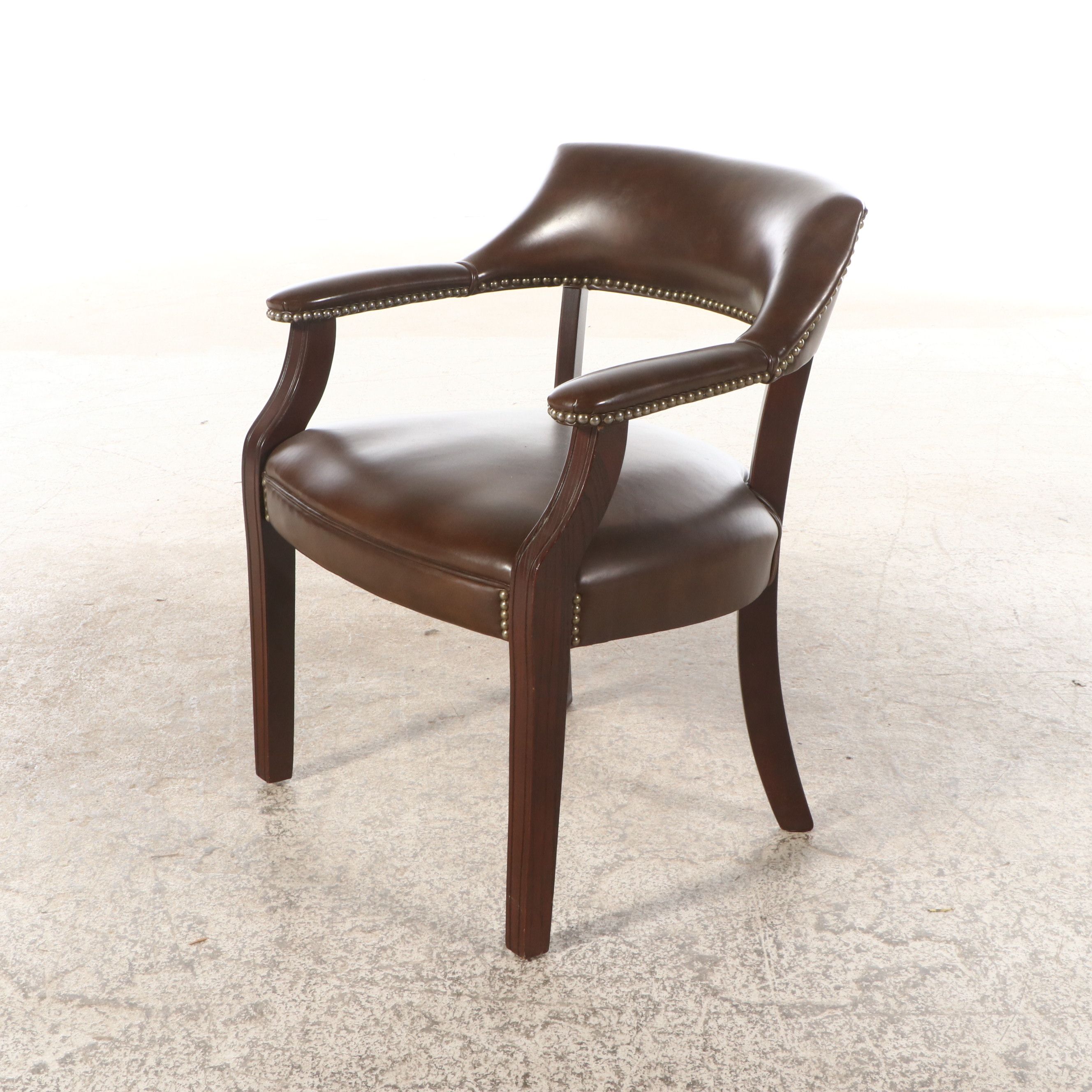 Regency Style Walnut Finish and Upholstered Barrel Back Visitor's Chair