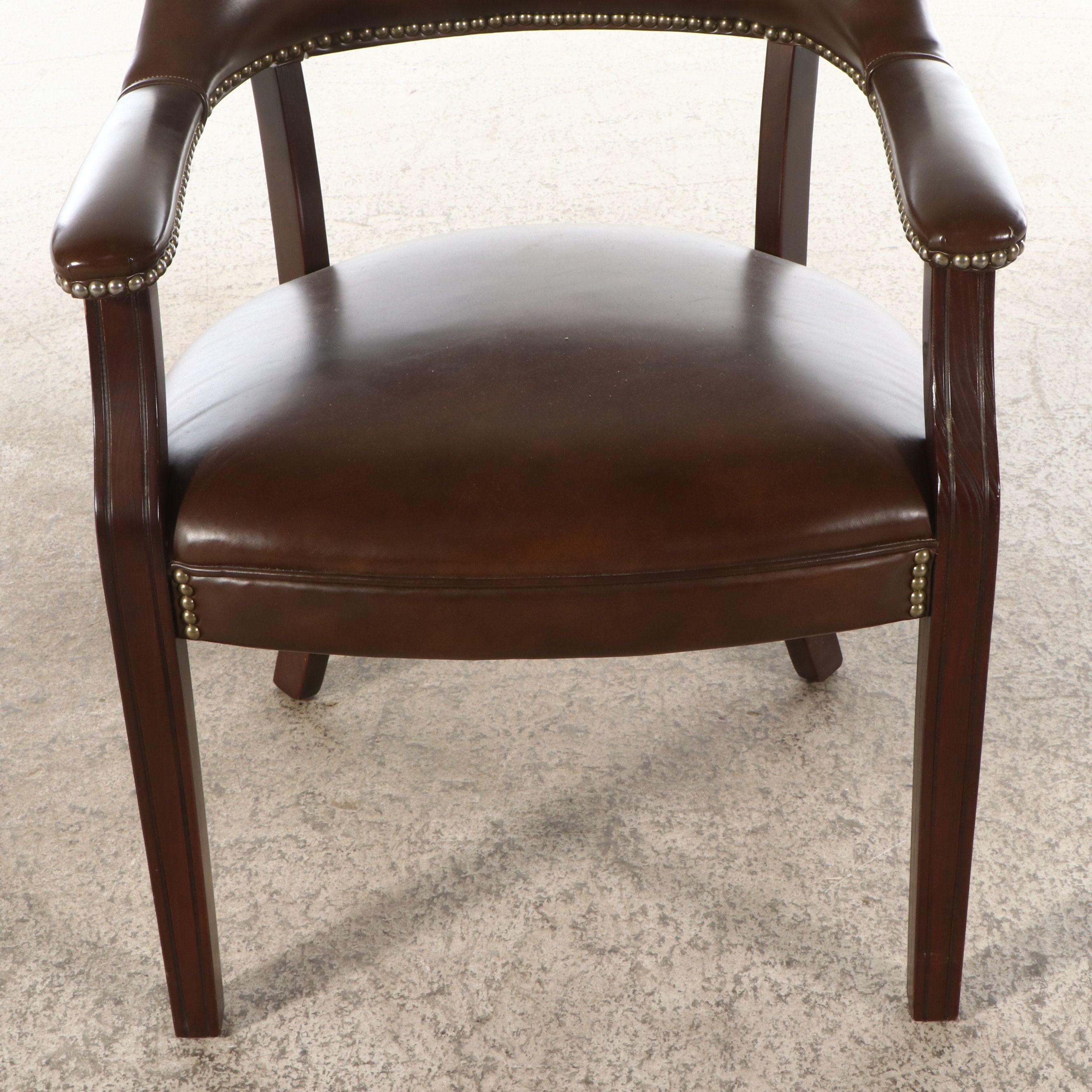 Regency Style Walnut Finish and Upholstered Barrel Back Visitor's Chair