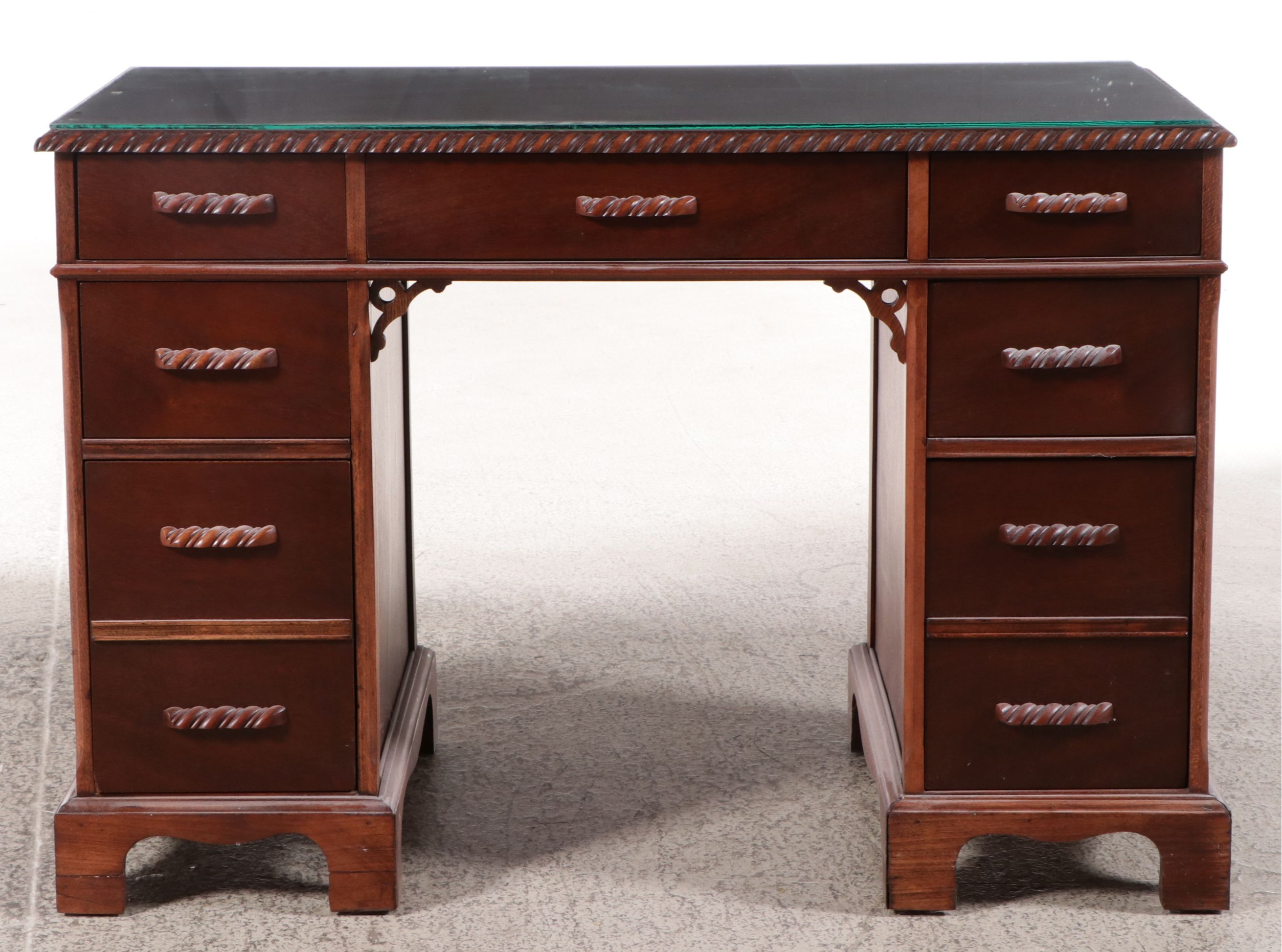 Chippendale Style Mahogany Kneehole Desk with Glass Top