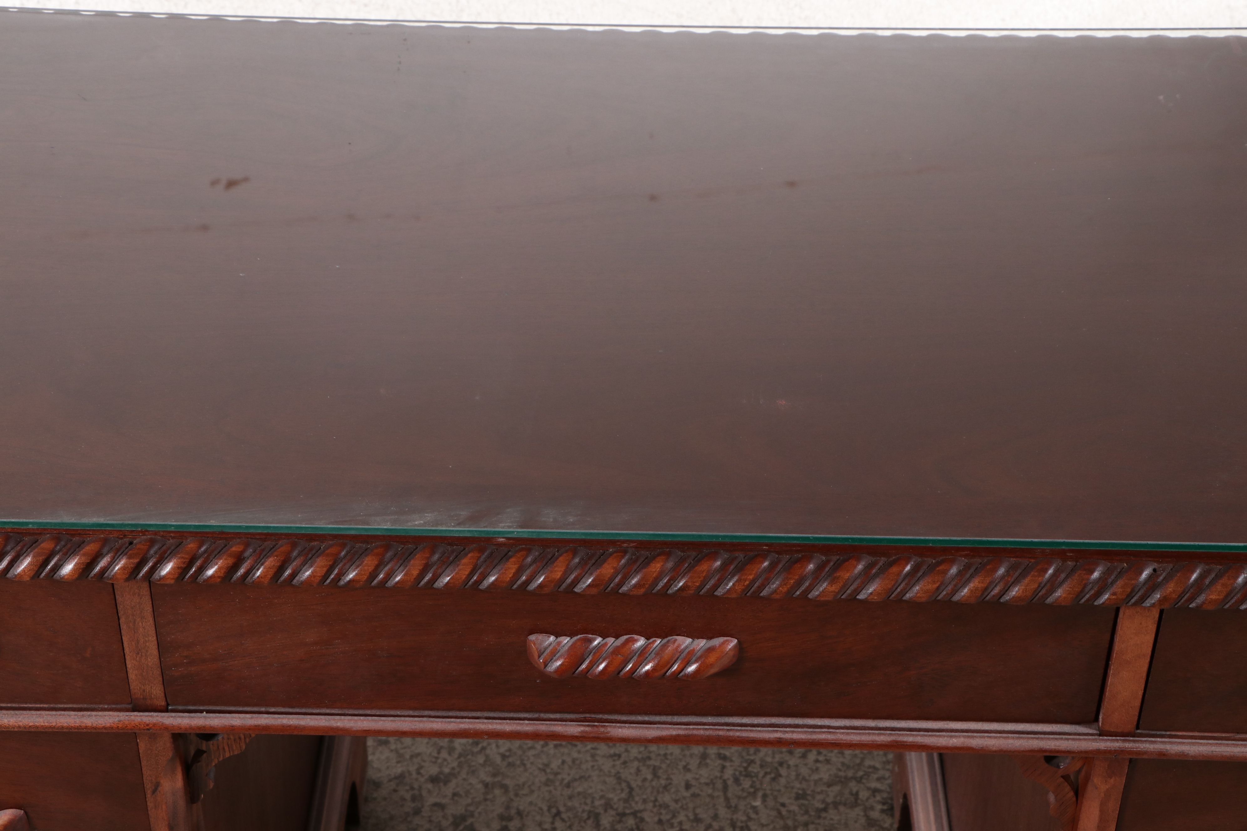 Chippendale Style Mahogany Kneehole Desk with Glass Top