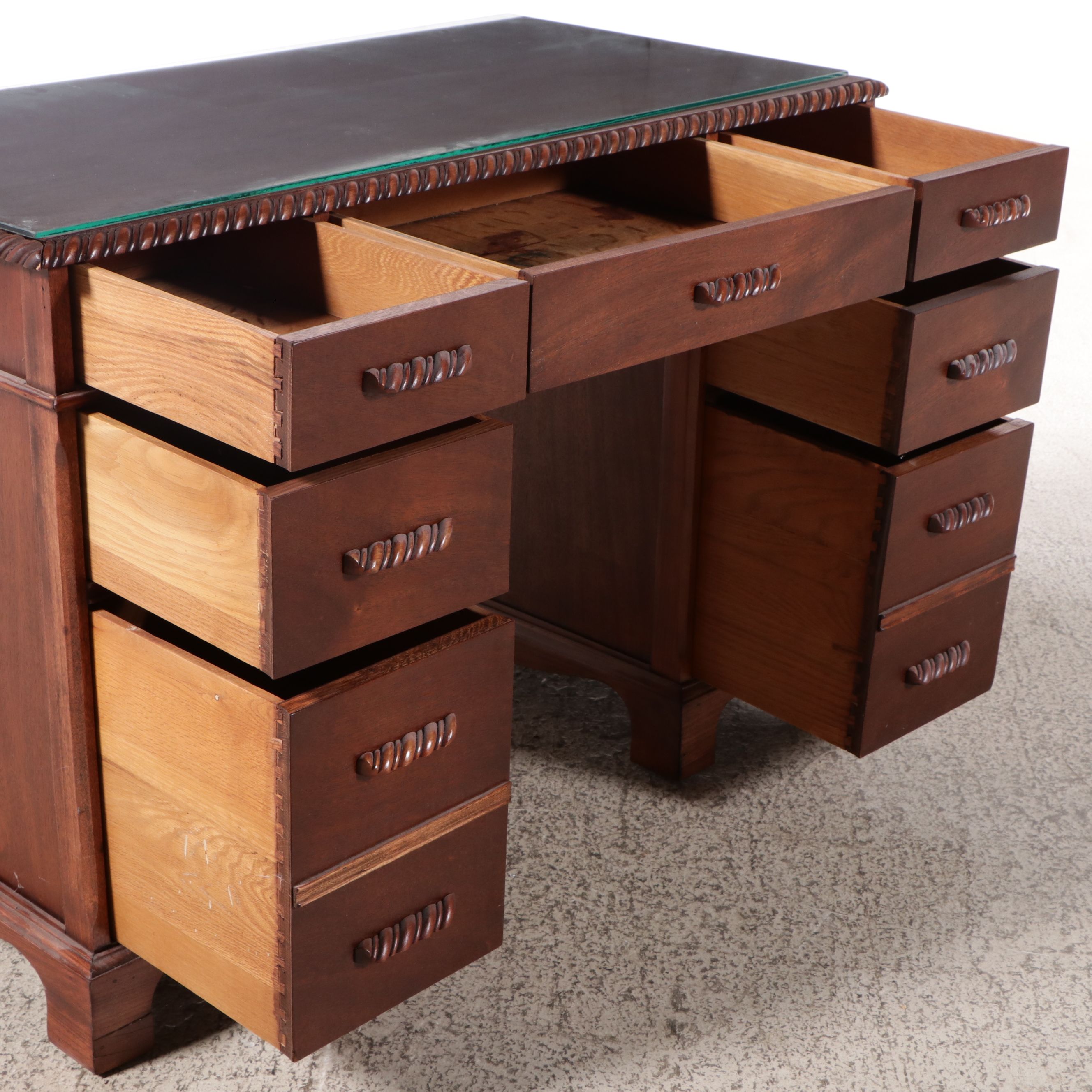 Chippendale Style Mahogany Kneehole Desk with Glass Top