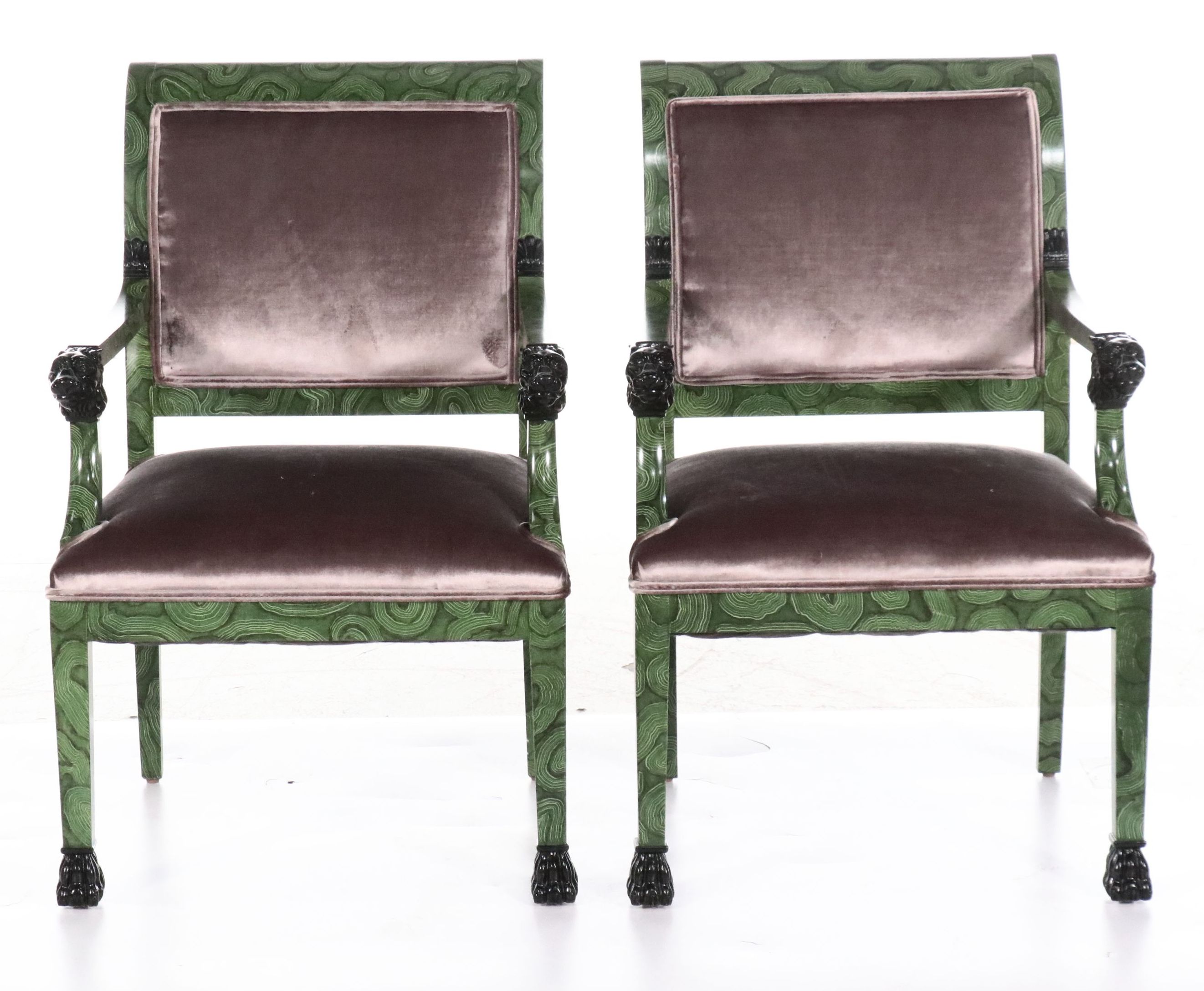 Pair of Lewis Mittman Empire Style Malachite Trompe-l'oeil Lacquered Armchairs