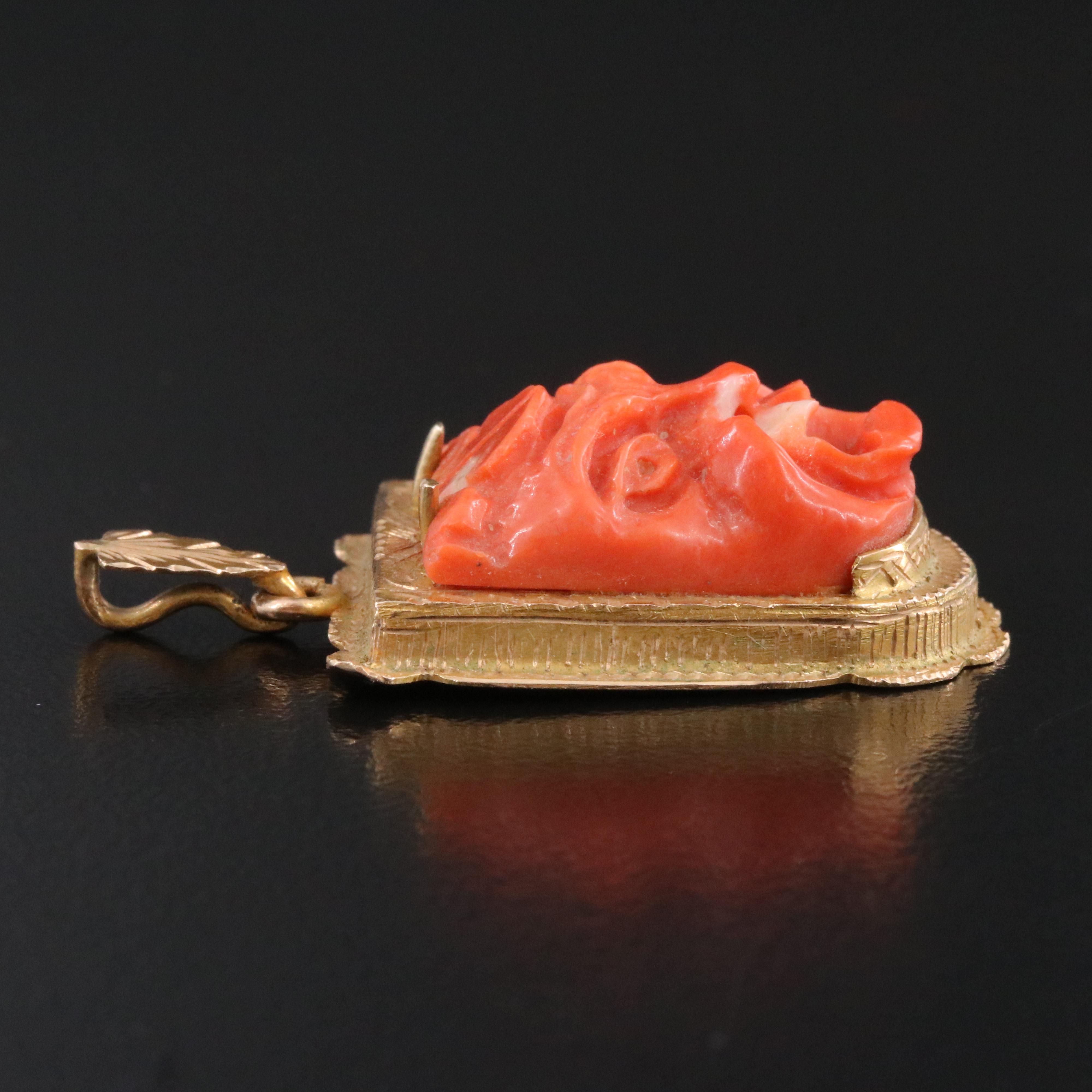 Vintage 10K Carved Coral Mask Pendant
