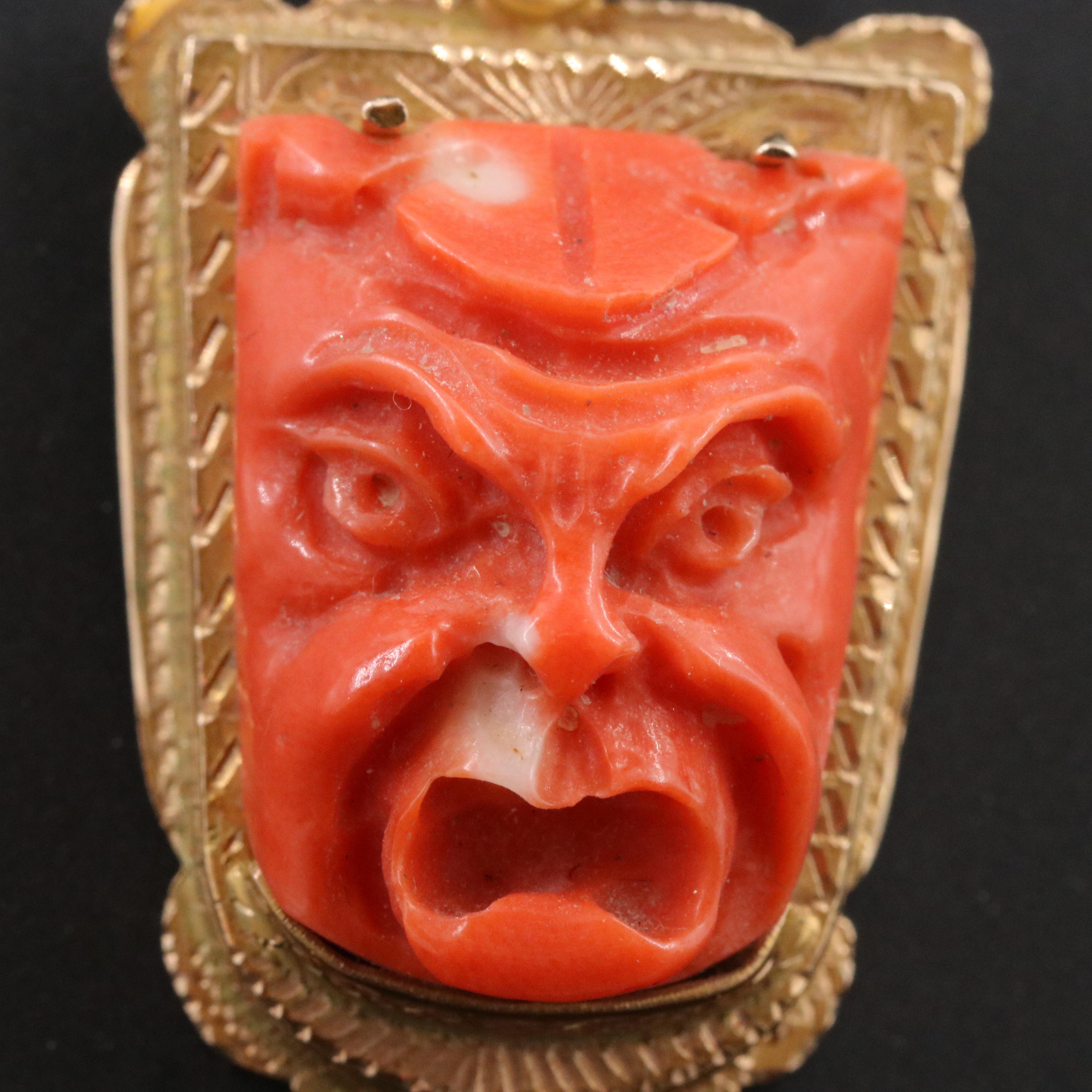 Vintage 10K Carved Coral Mask Pendant