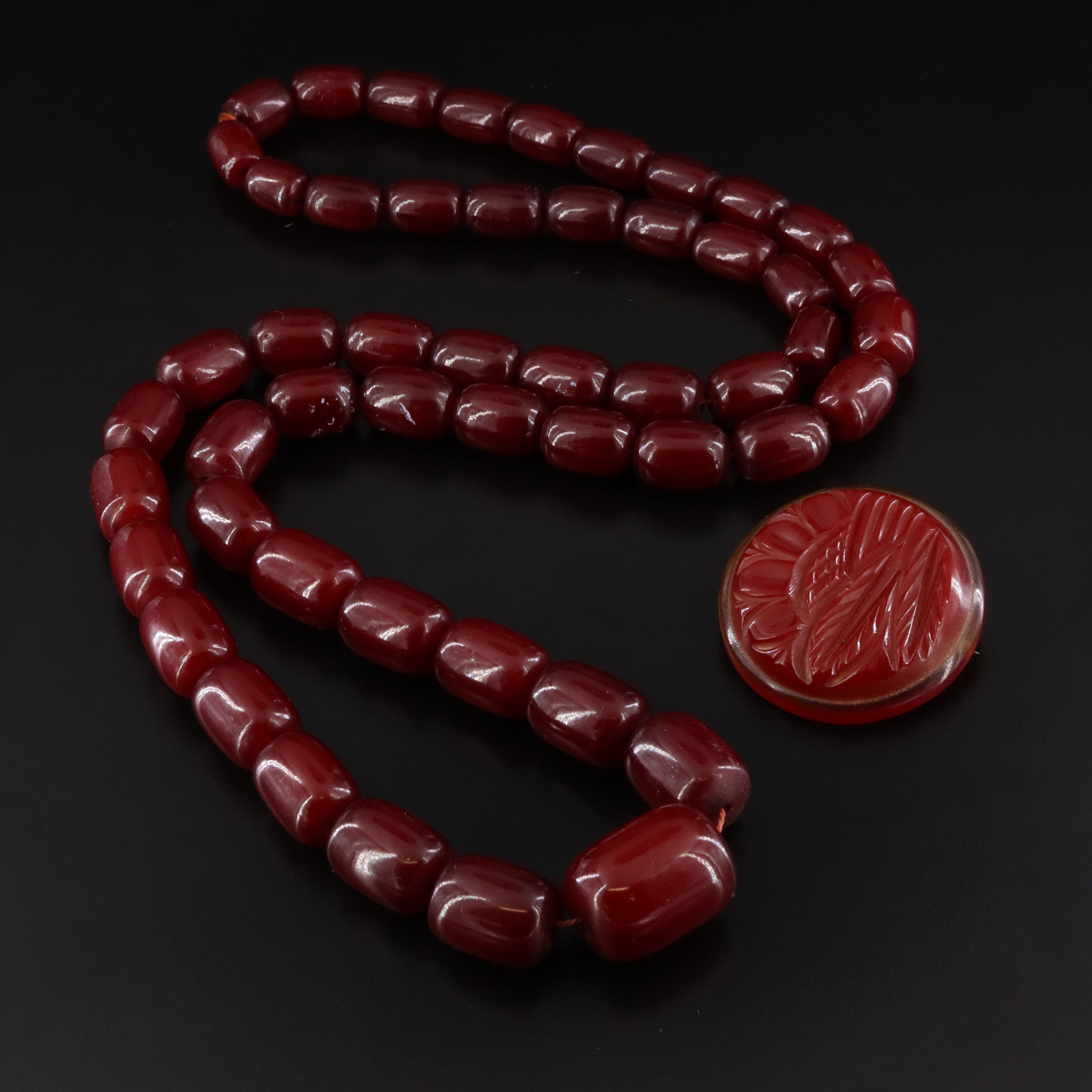 Vintage Graduated Bakelite Bead Necklace and Carved Brooch