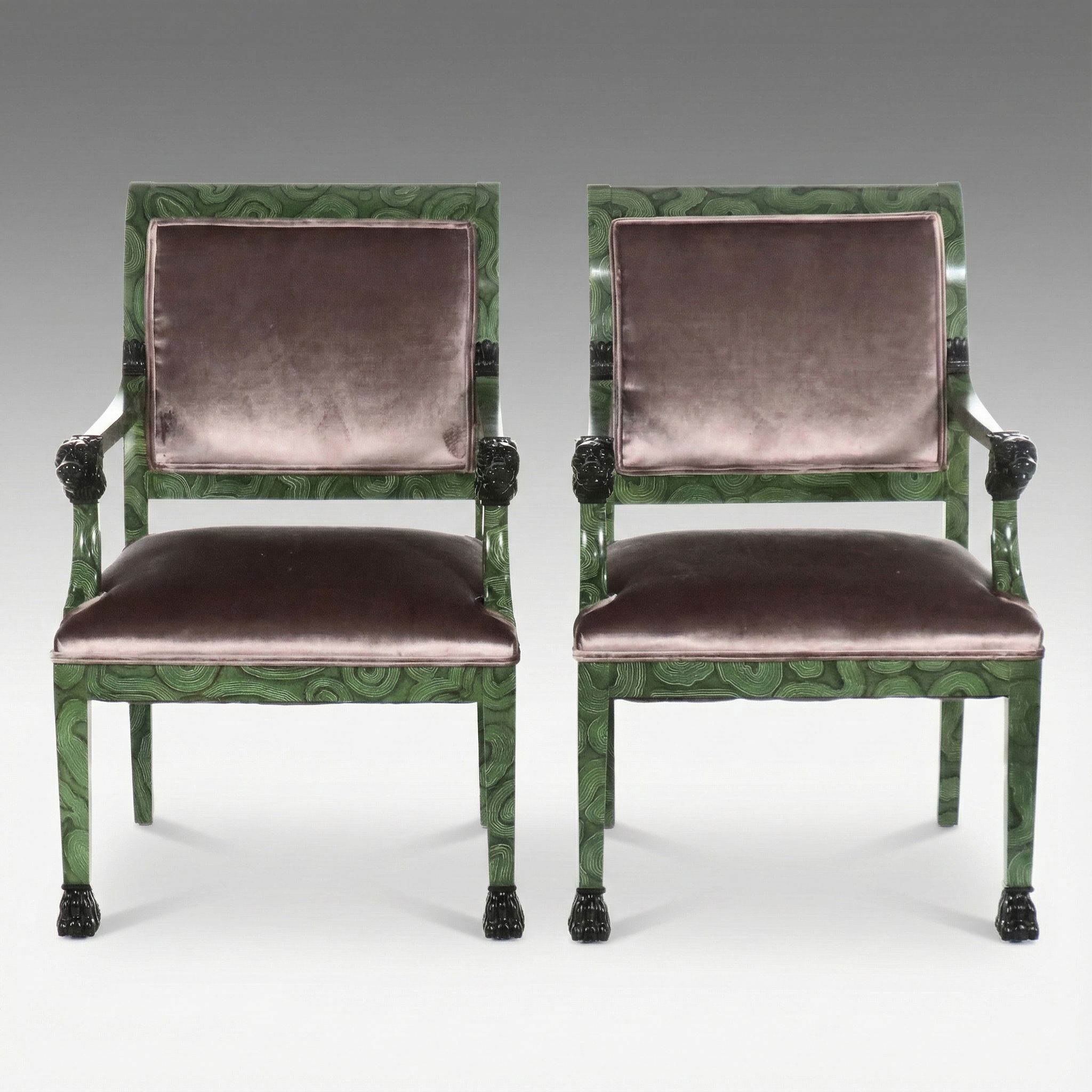 Pair of Lewis Mittman Empire Style Malachite Trompe-l'oeil Lacquered Armchairs