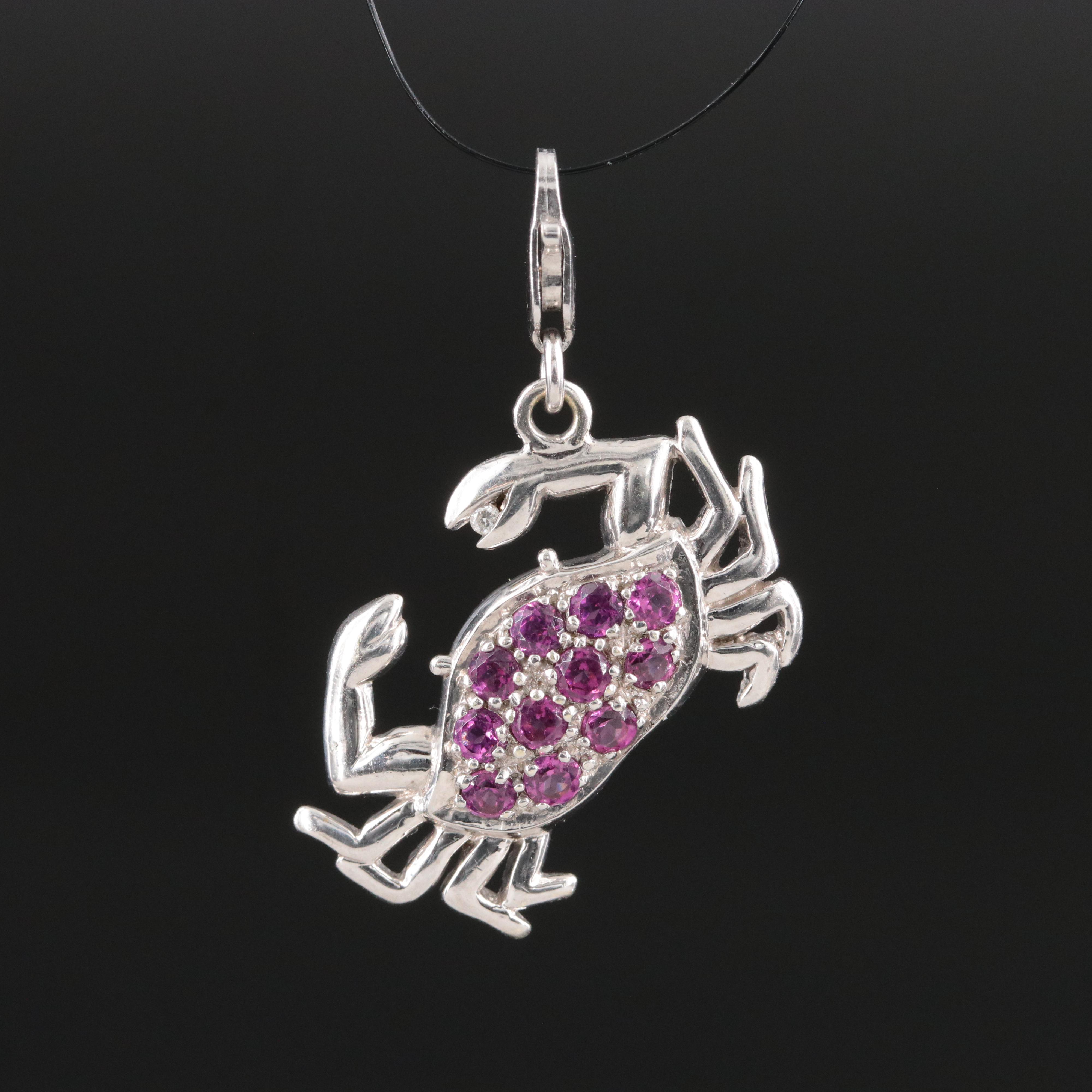 14K Rhodolite Garnet and Diamond Crab Charm Pendant