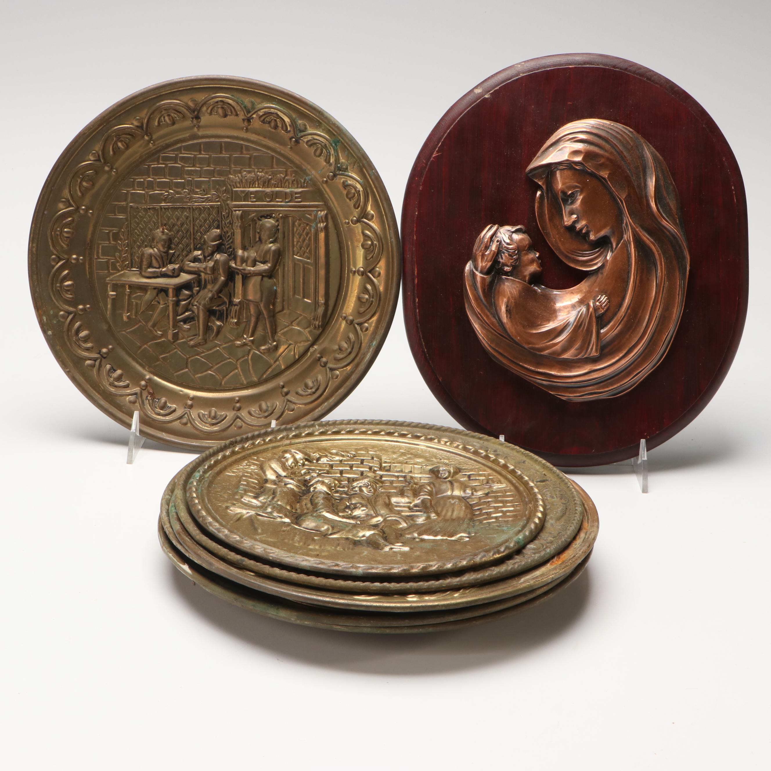 English Style Embossed Brass Finish Wall Plates with Madonna and Child Plaque