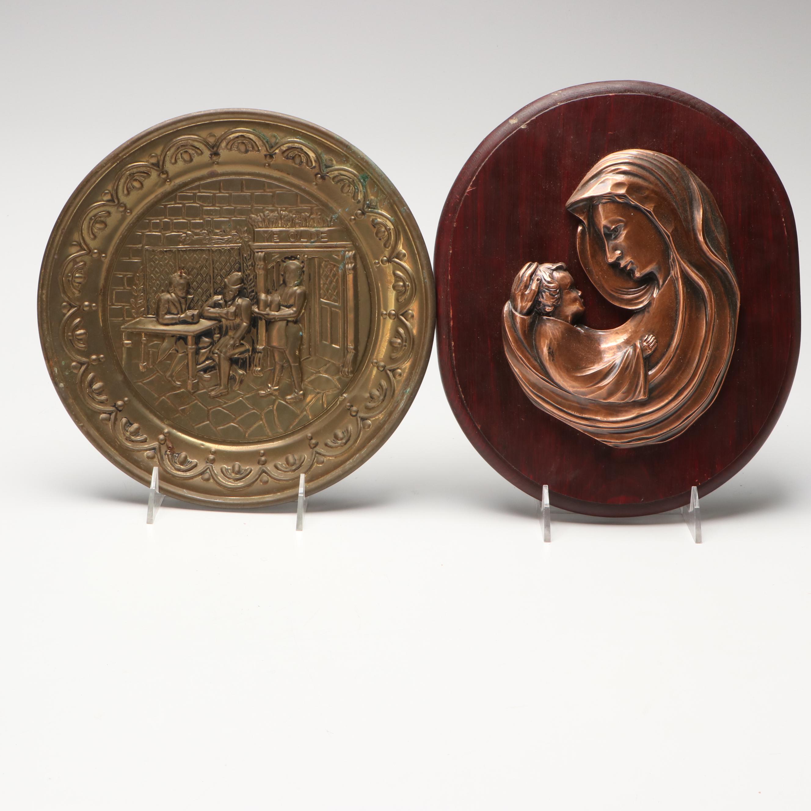 English Style Embossed Brass Finish Wall Plates with Madonna and Child Plaque