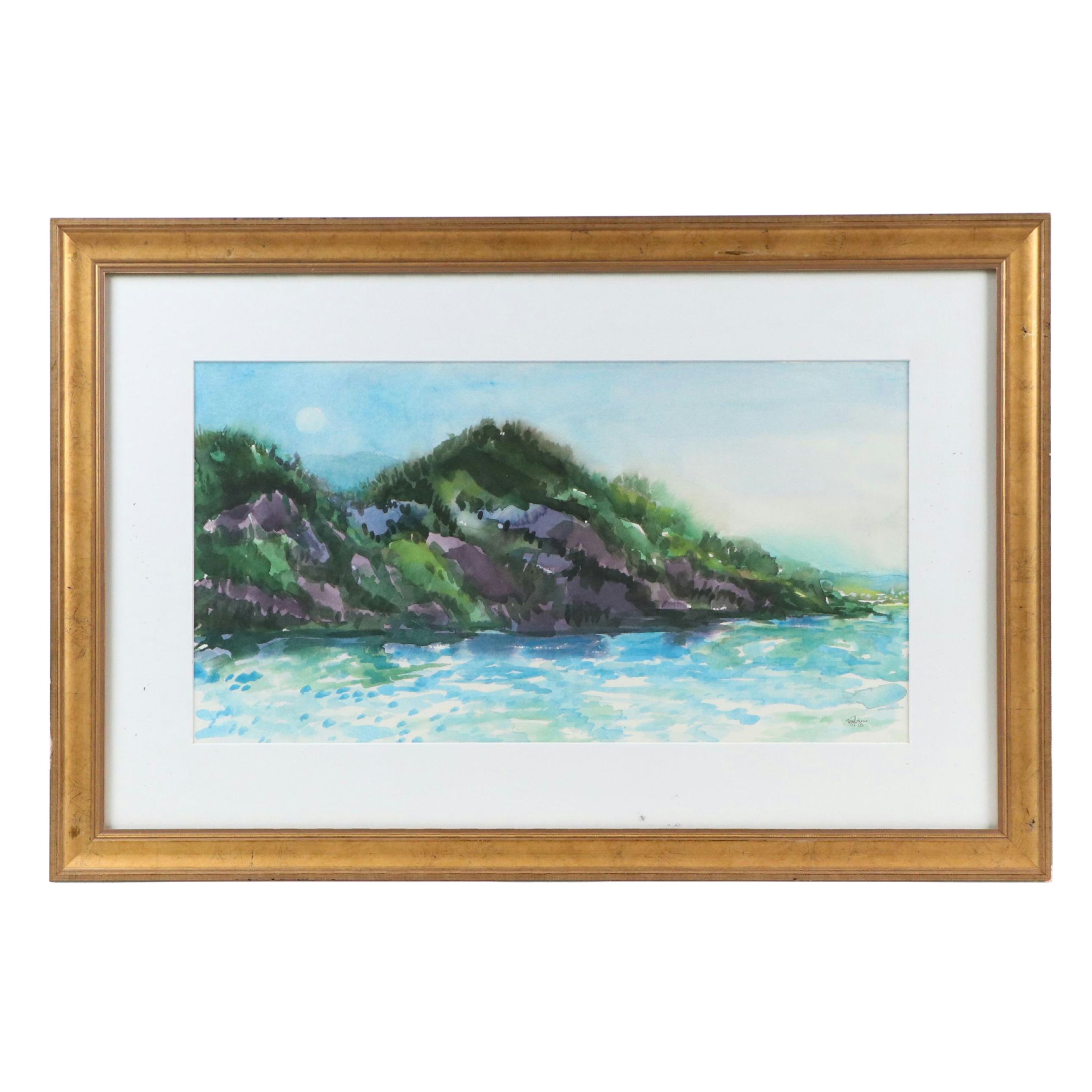 Mountainous Coastal Landscape Watercolor Painting